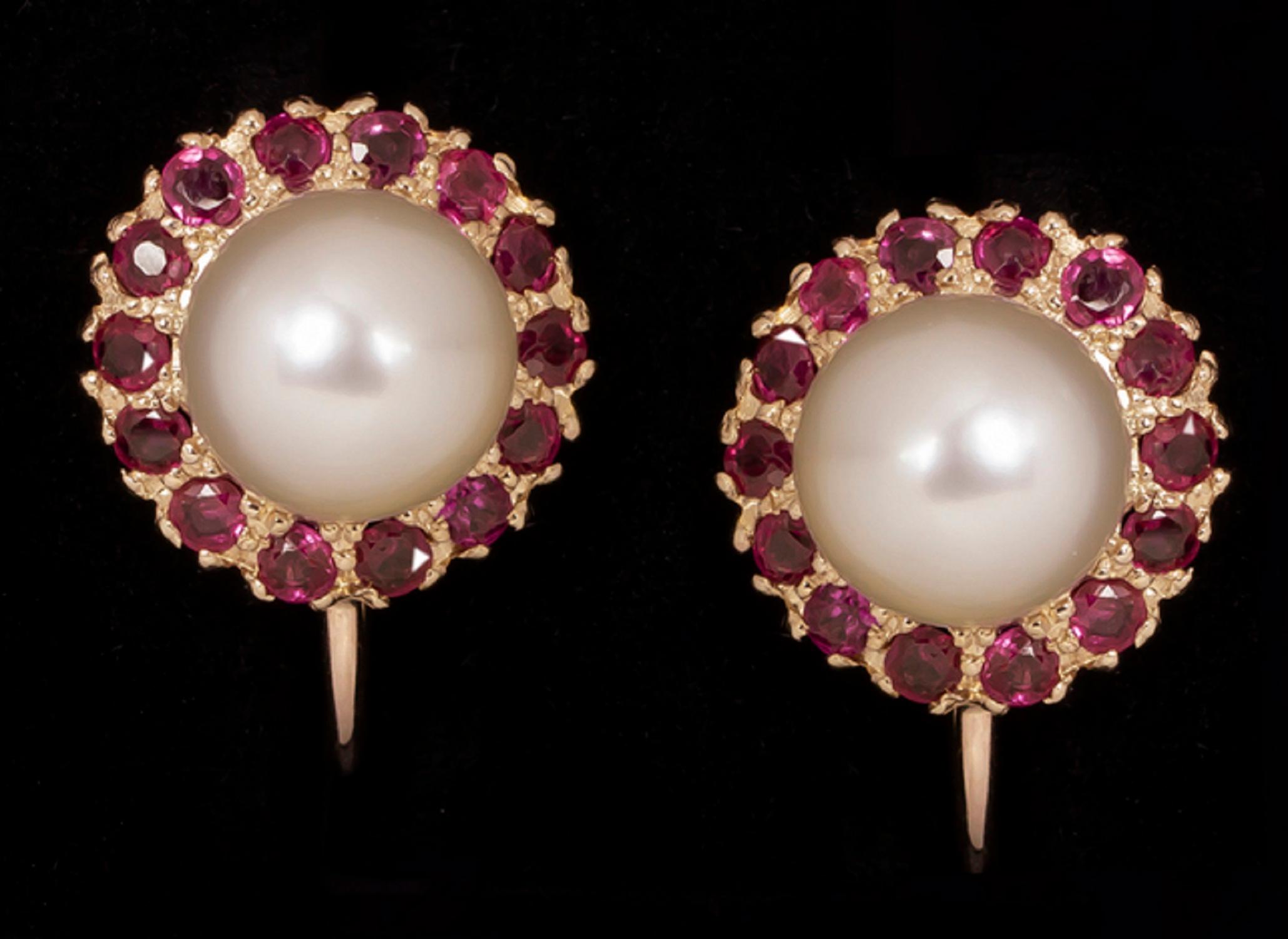 Art Deco Authentic Vintage Pearl Red Rubies 14 Carat Yellow Gold Earrings