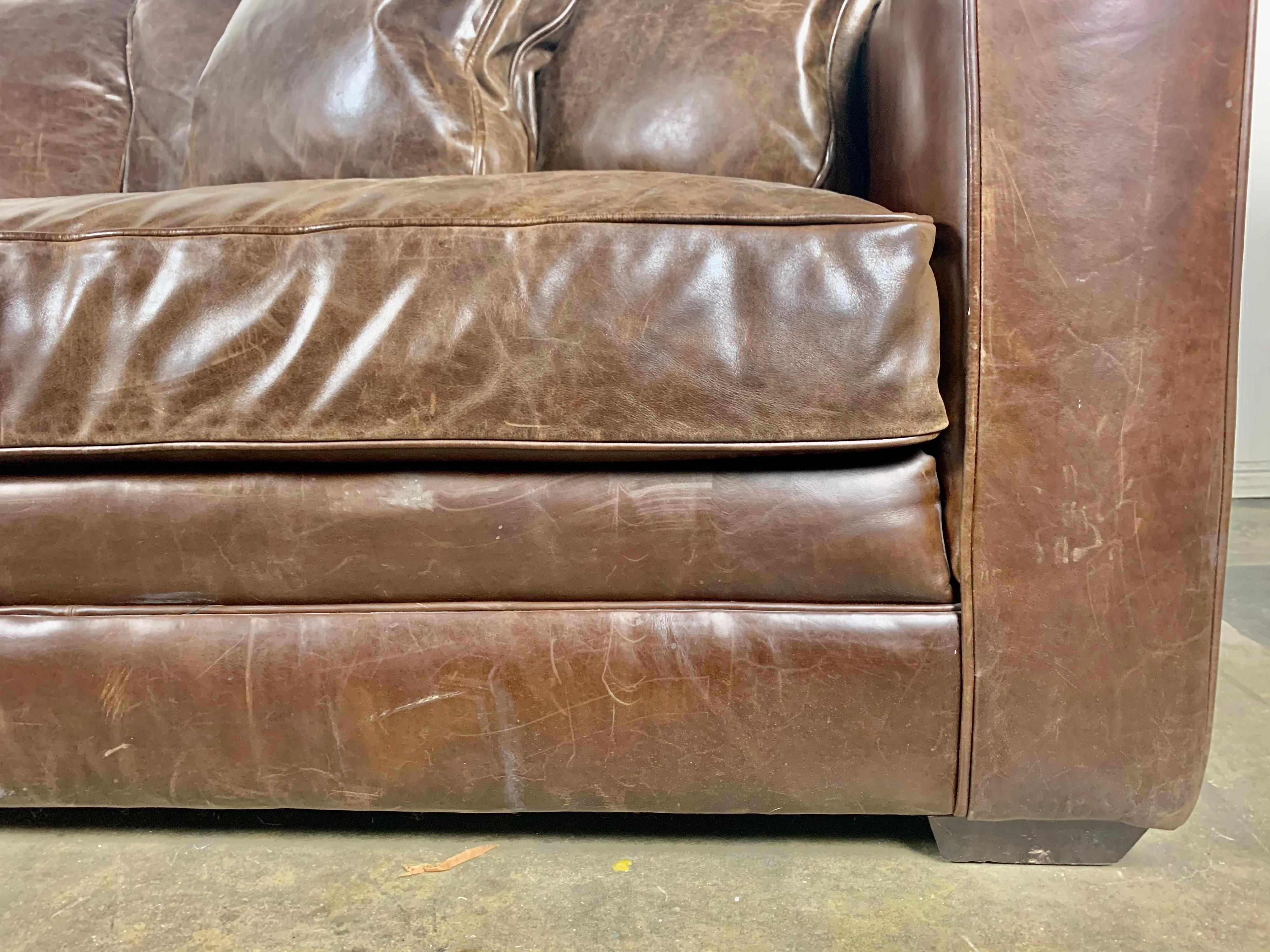 Mid-Century Modern Authentic Vintage Leather Sofa w/ Pillows