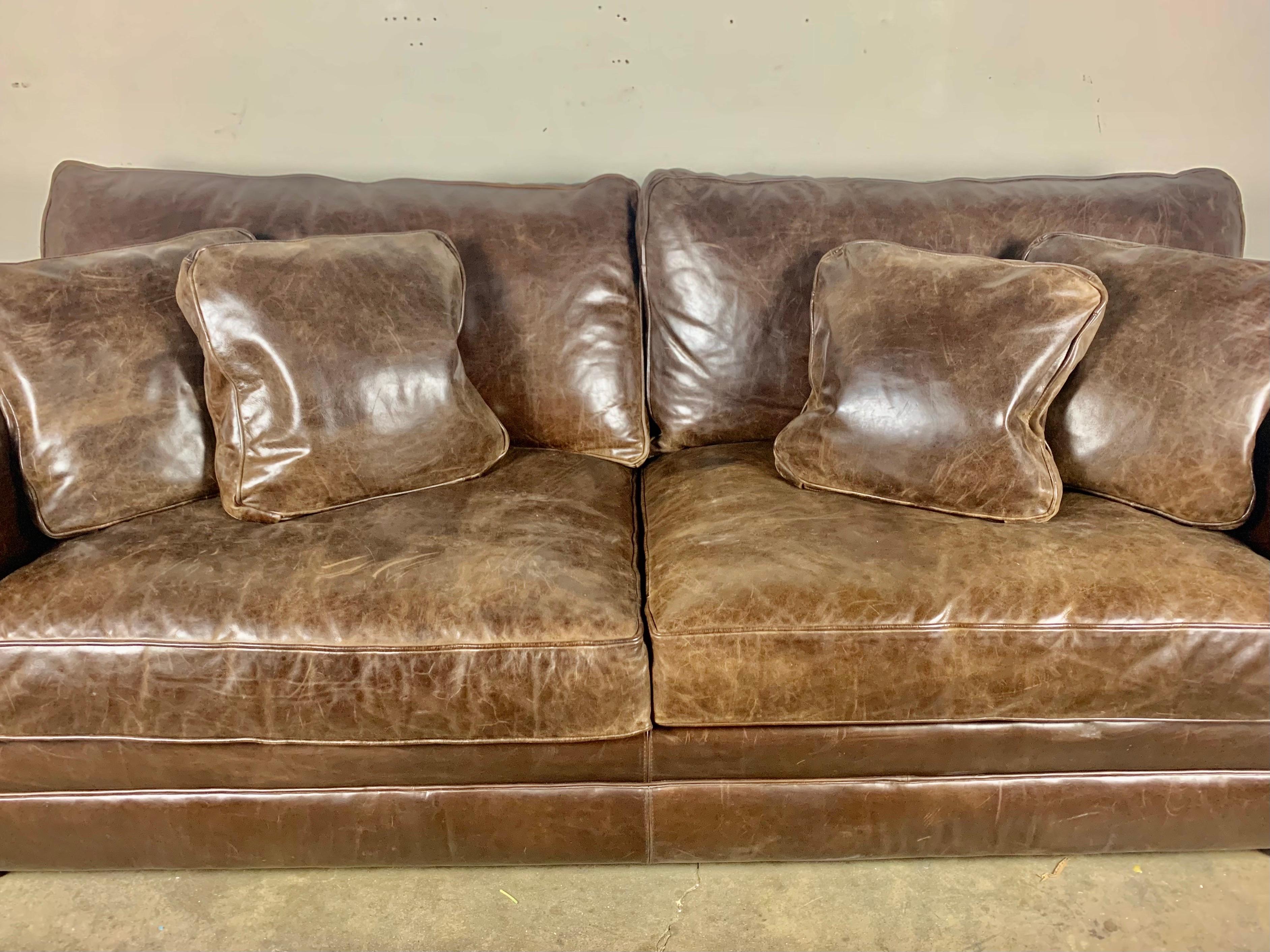Authentic Vintage Leather Sofa w/ Pillows In Distressed Condition In Los Angeles, CA