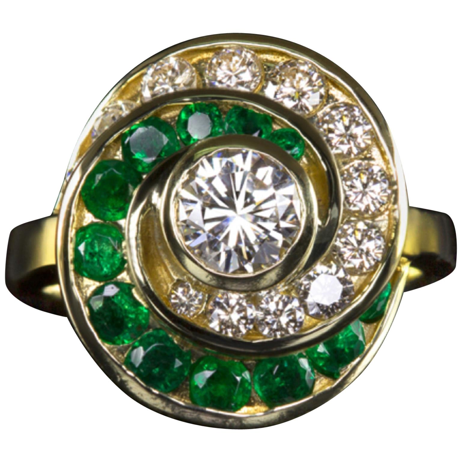 Vintage Round Brilliant Cut Diamond Natural Emerald Cocktail Ring