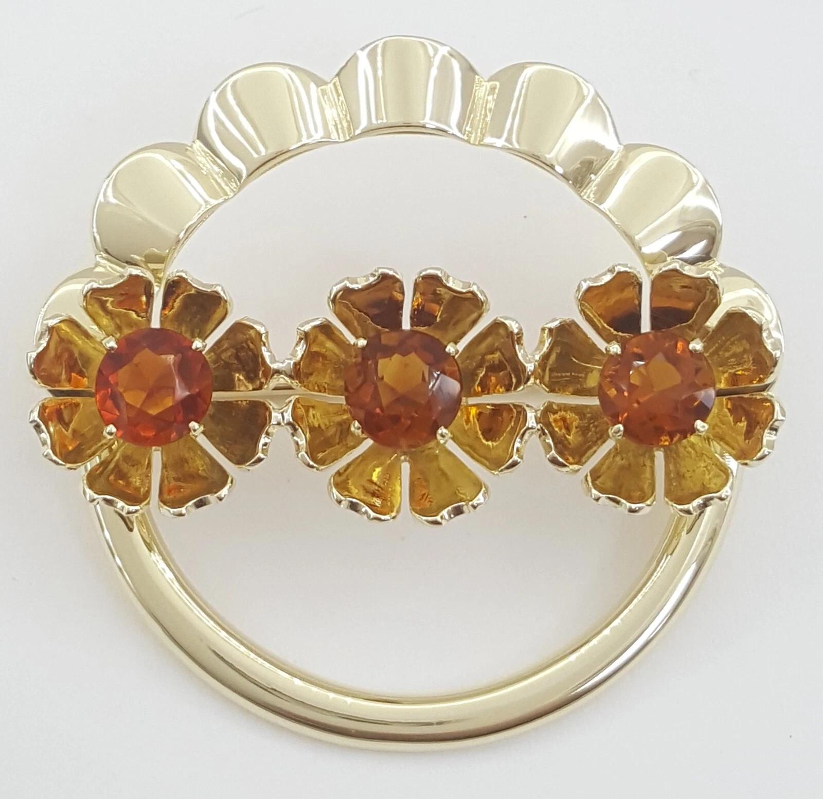 Authentic Vintage Tiffany & Co. 14K Yellow Gold Flower Citrine Brooch – 1.4", 10