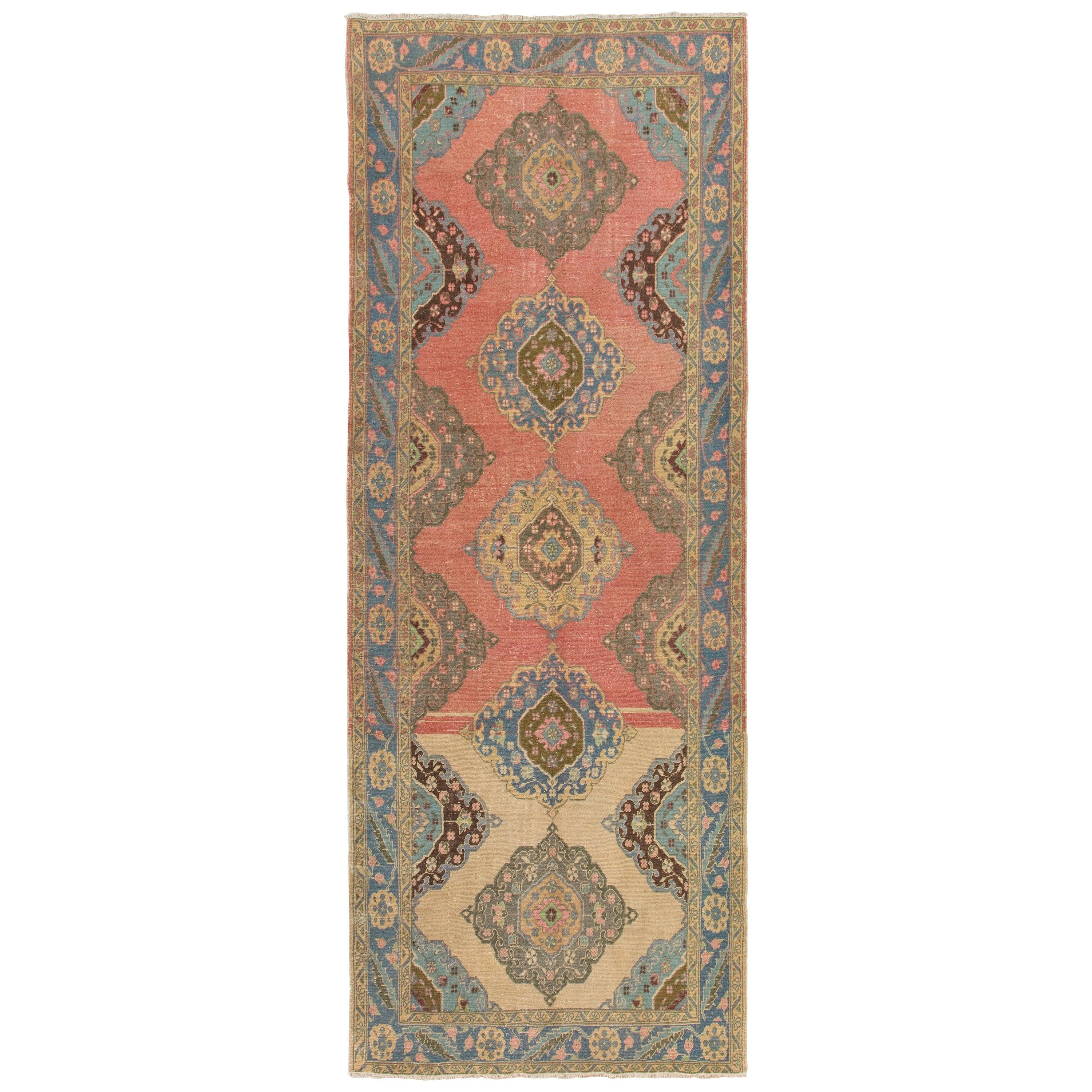 5x12.6 Ft Authentic Vintage Turkish Runner Rug. Handmade Wool Carpet for Hallway