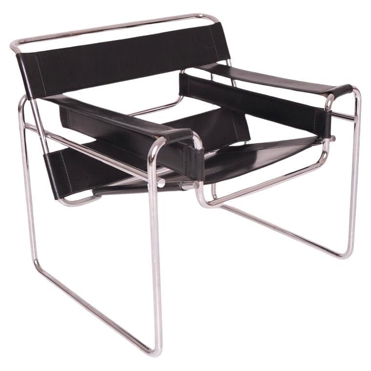 Authentic Wassily Chair By Marcel Breuer For Fasem, Black Leather And Chrome