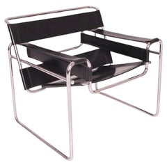 Authentic Wassily Chair By Marcel Breuer For Fasem, Black Leather And Chrome