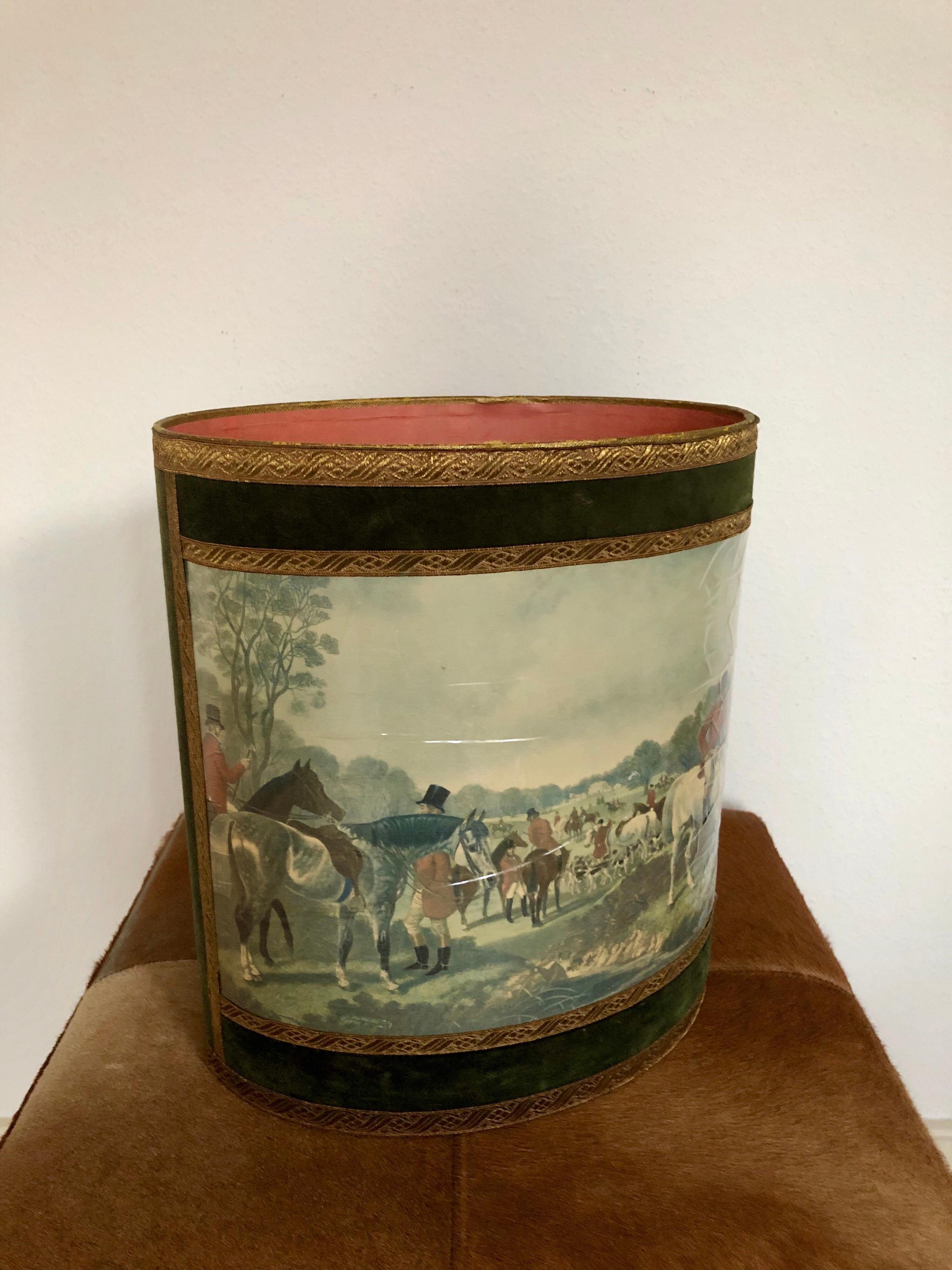 Authentic waste basket paper bin hunting scene, made in France, midcentury. No. 11.72.583.
 