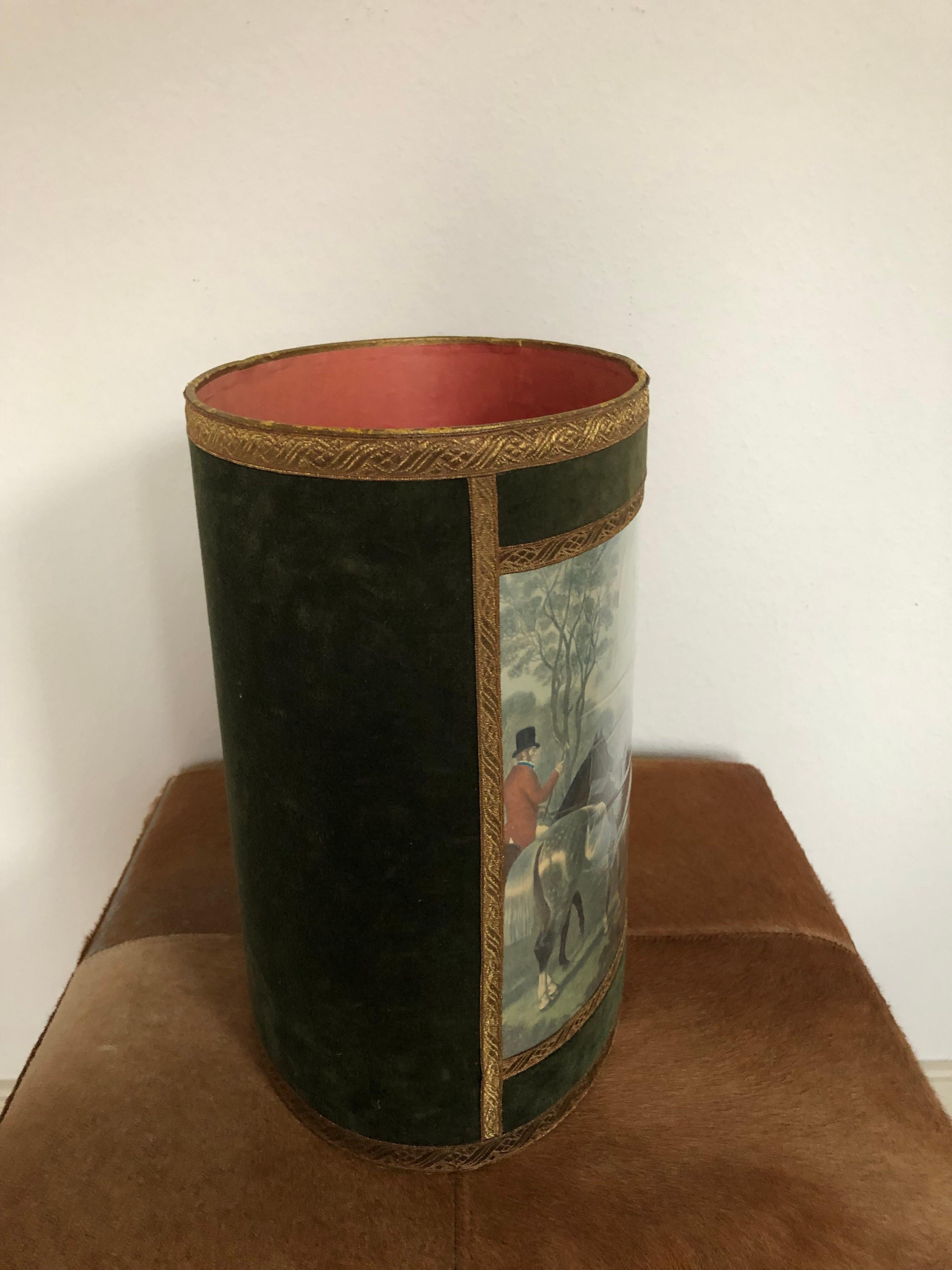 Mid-Century Modern Authentic Waste Basket Paper Bin Hunting Scene, Made in France, Midcentury