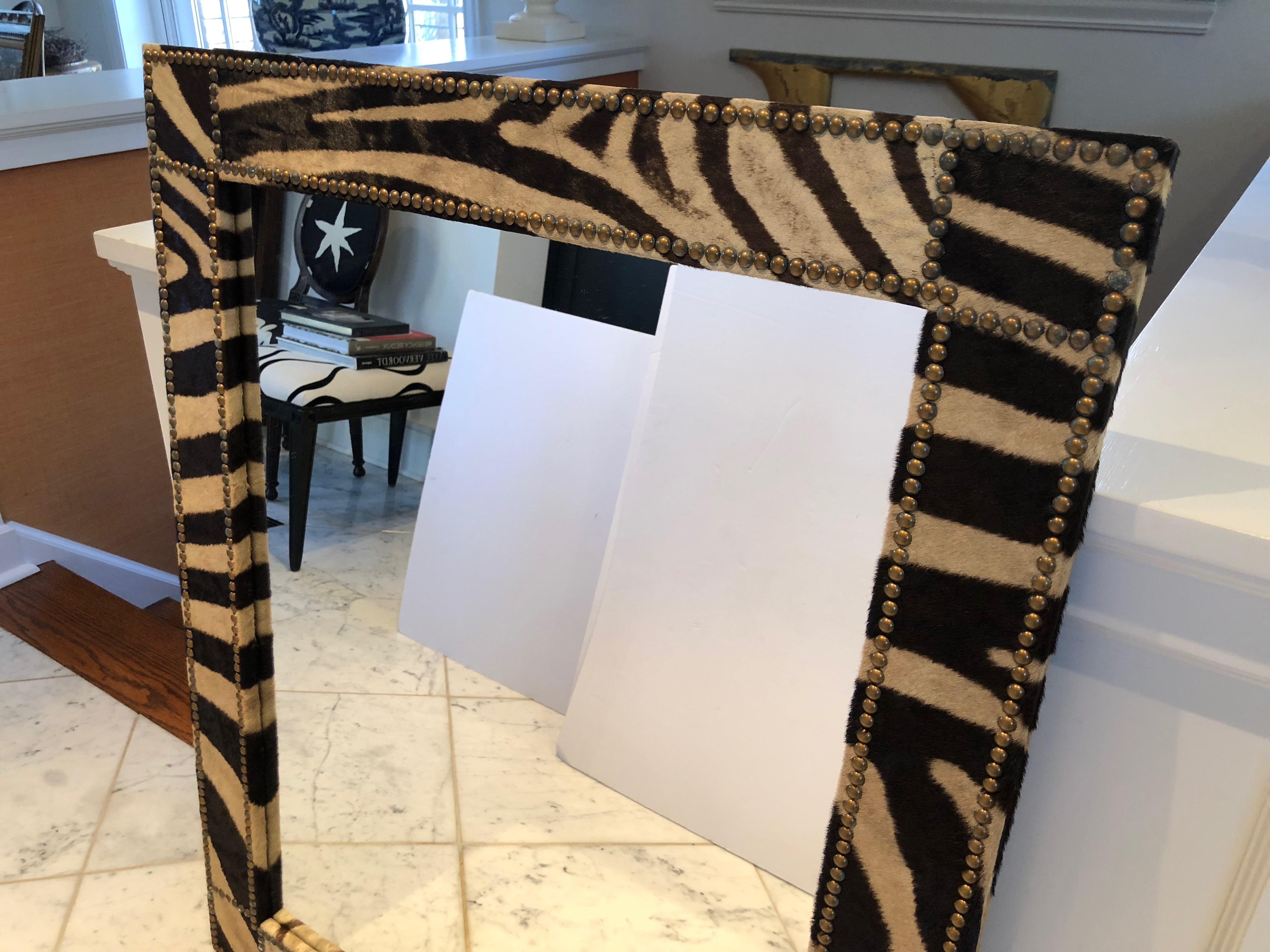 Authentic Zebra Hide Upholstered Custom Mirror In Excellent Condition In Hopewell, NJ