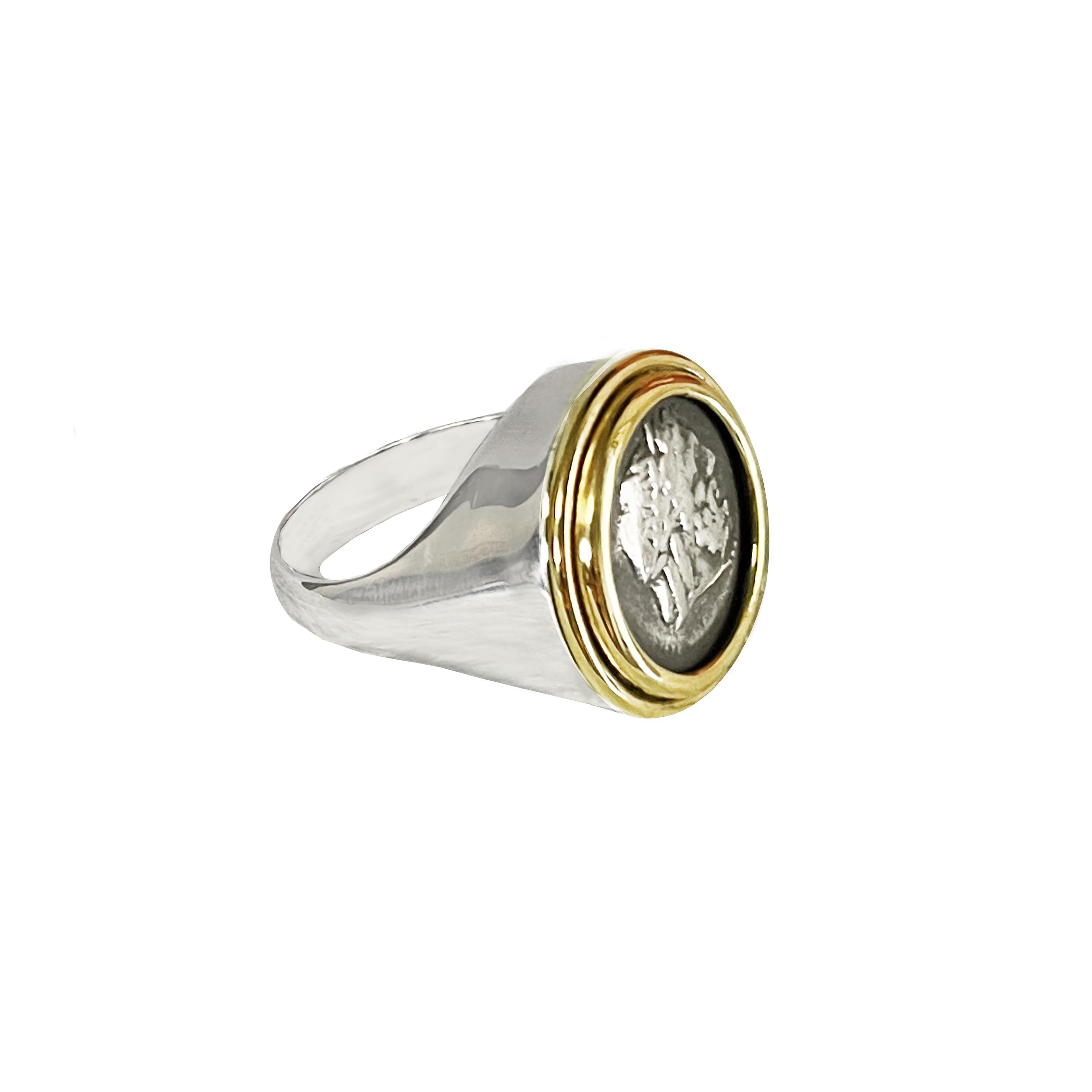 Women's or Men's Authentic Zeus Roman Coin 3rd century BC Sterling Silver and 18 Kr Gold Ring For Sale