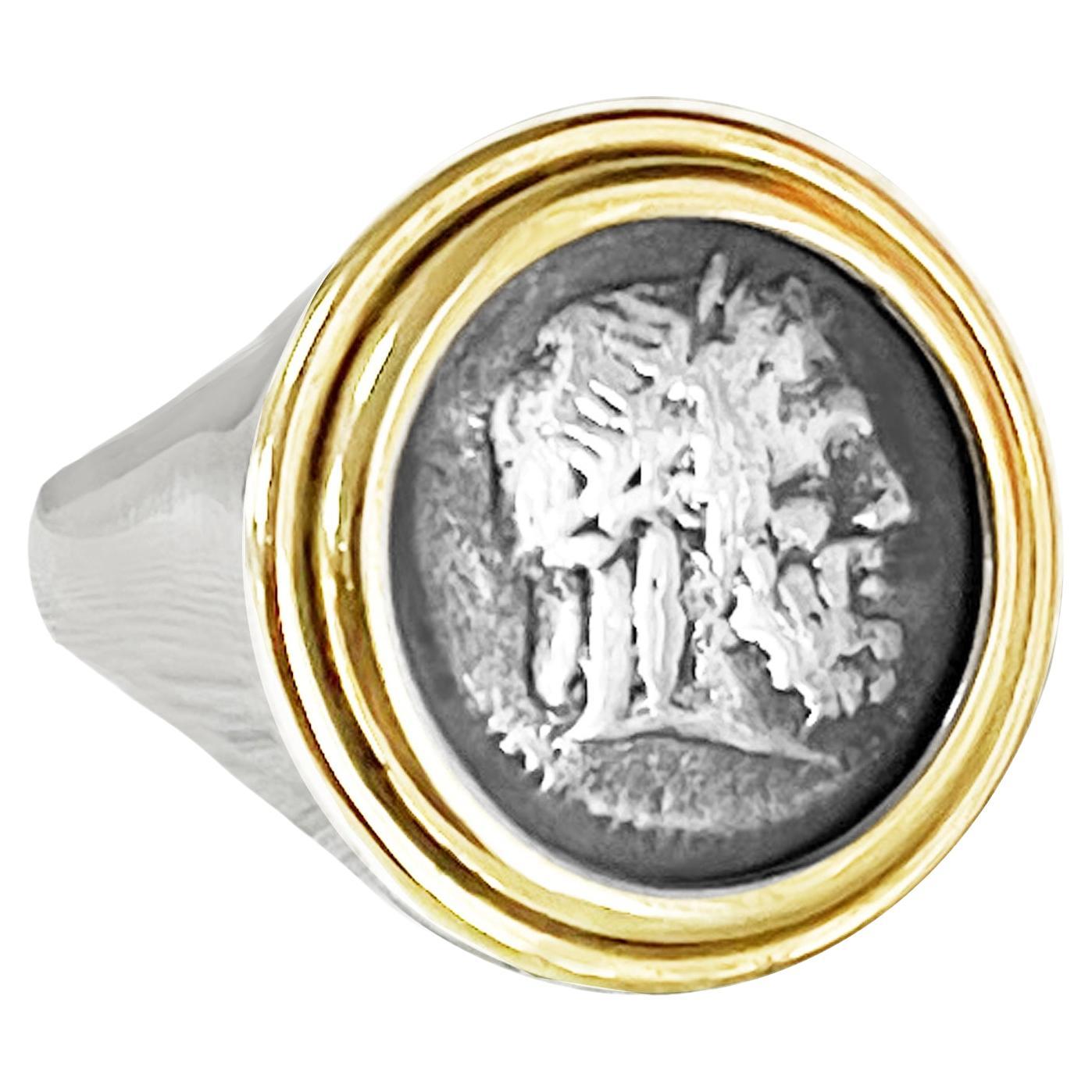 Authentic Zeus Roman Coin '3rd century BC' Sterling Silver and 18 Kr Gold Ring