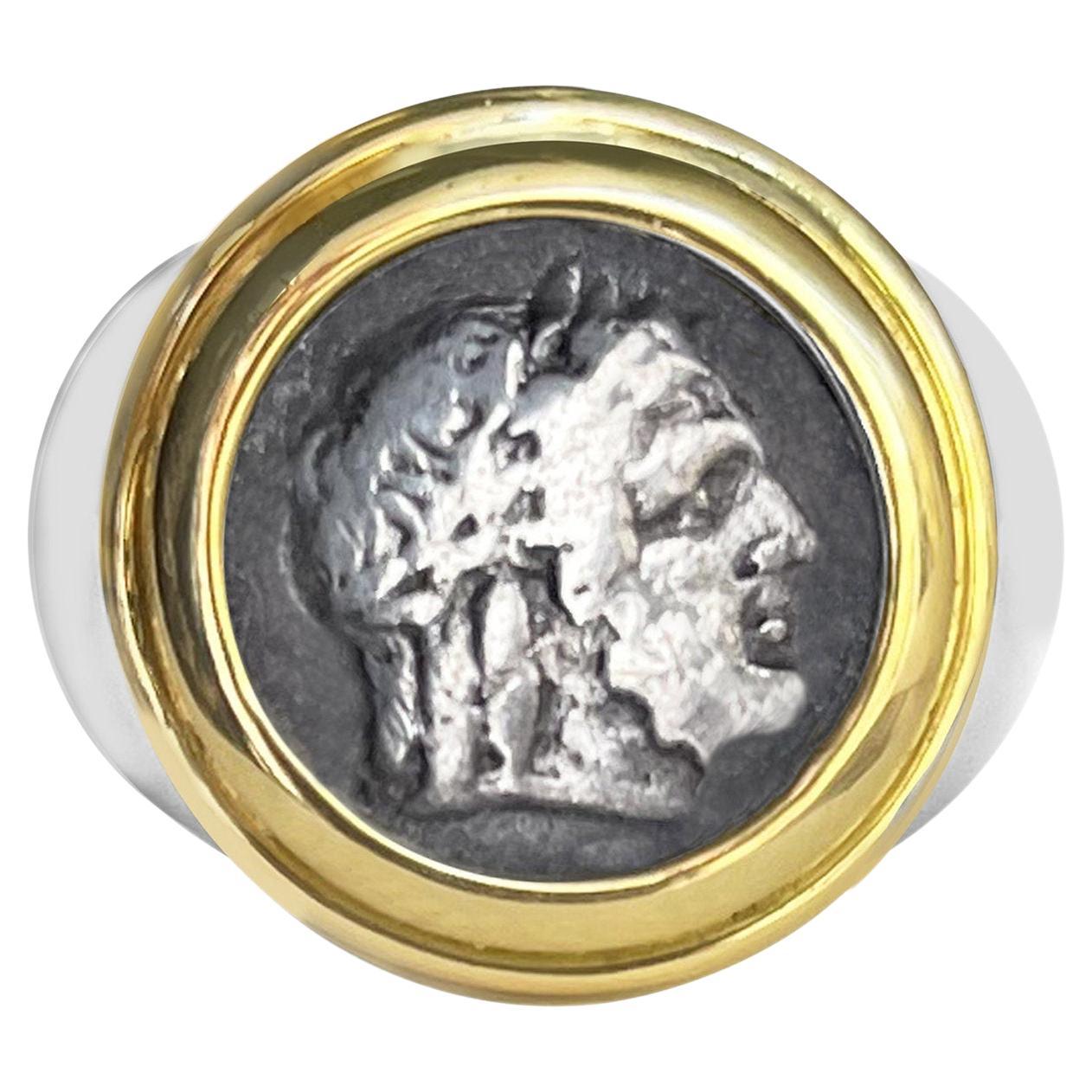 Authentic Zeus Roman Coin 3rd century BC Sterling Silver and 18 Kr Gold Ring For Sale
