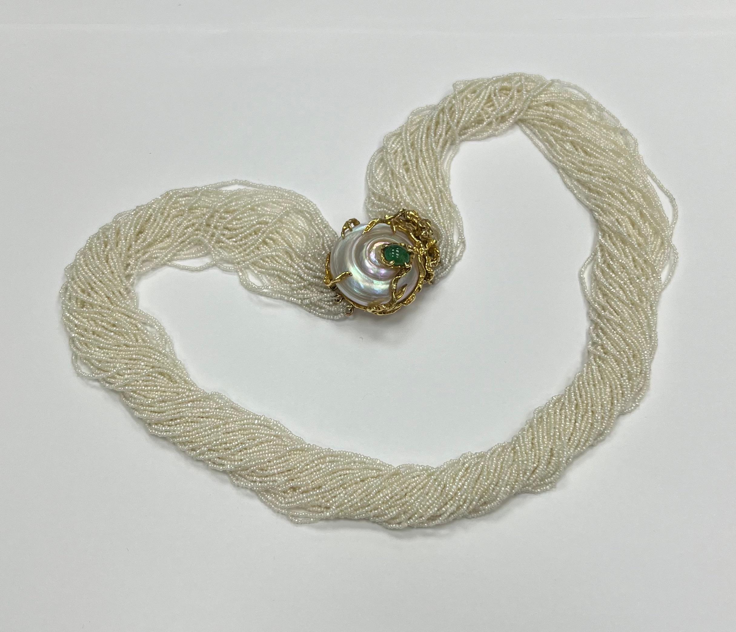 Arthur King 18K Yellow Gold MOP and Emerald Natural Seed Pearl Necklace  In Excellent Condition For Sale In New York, NY