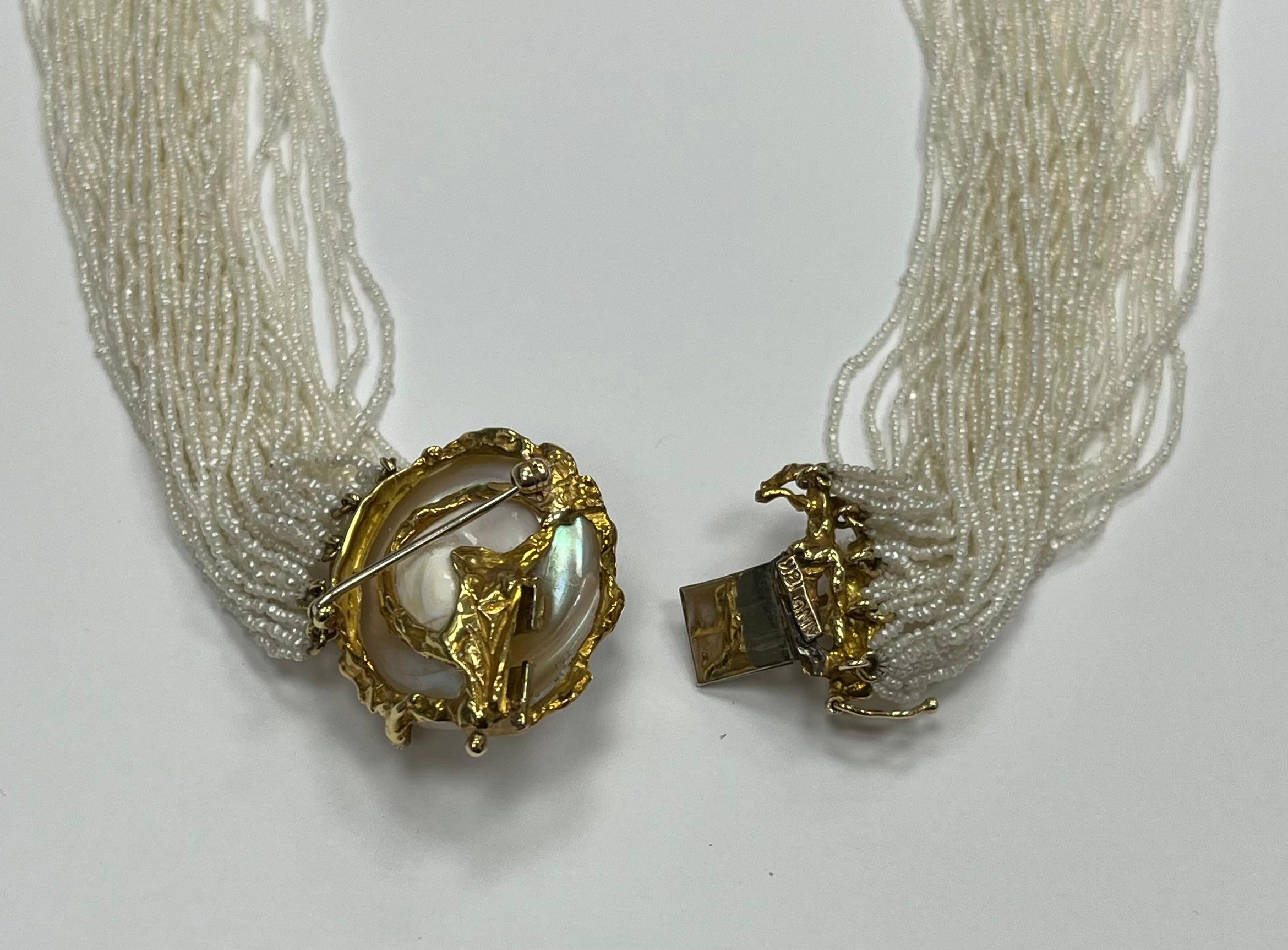 Arthur King 18K Yellow Gold MOP and Emerald Natural Seed Pearl Necklace  In Excellent Condition For Sale In New York, NY