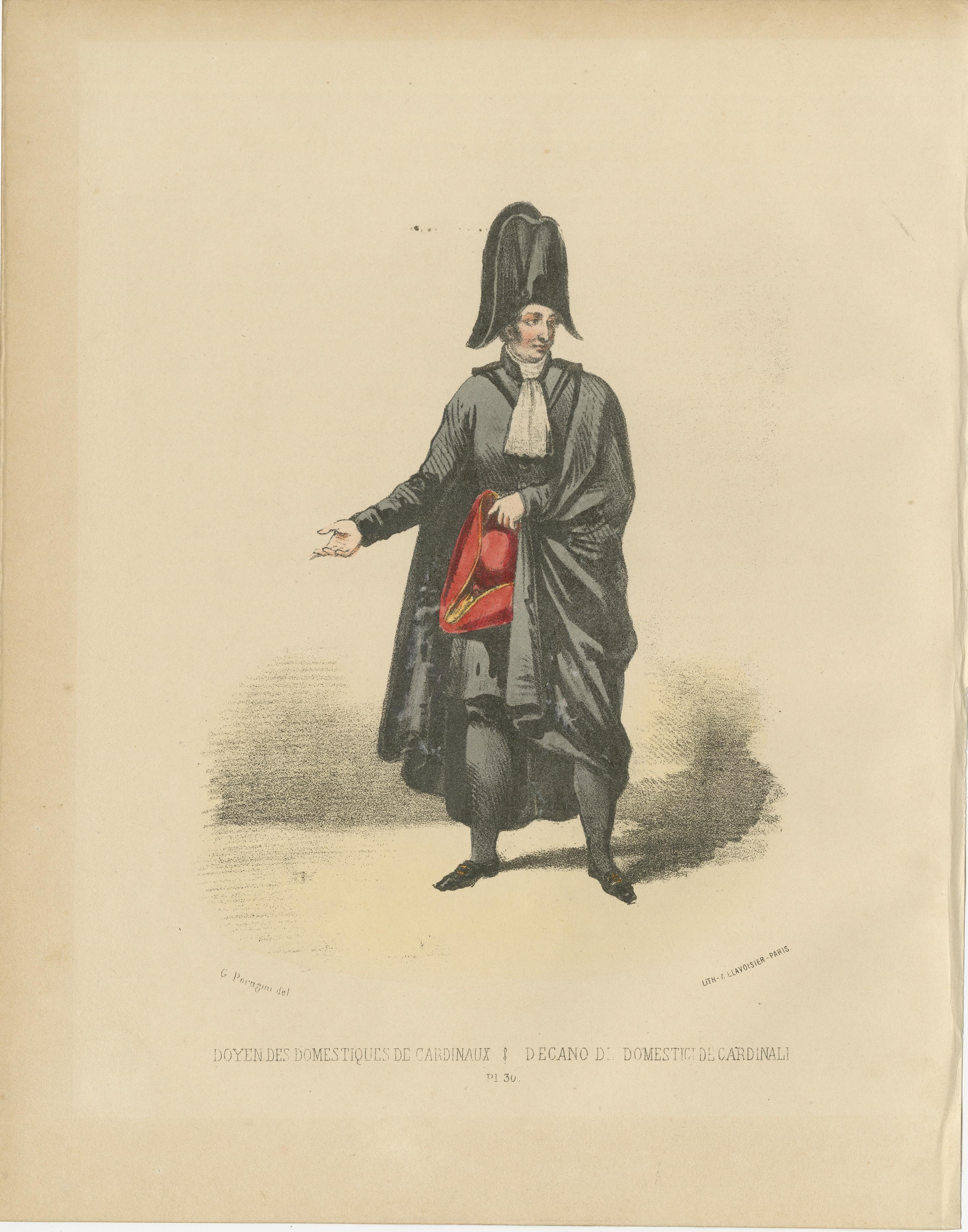 Authority in Tradition: Handcolored Print of the Dean of Cardinals’ Servants, Plate 30, 1862  

This striking handcolored lithograph, Authority in Tradition, is Plate 30 from the 1862 second edition of Album ou Collection Complète, et Historique des