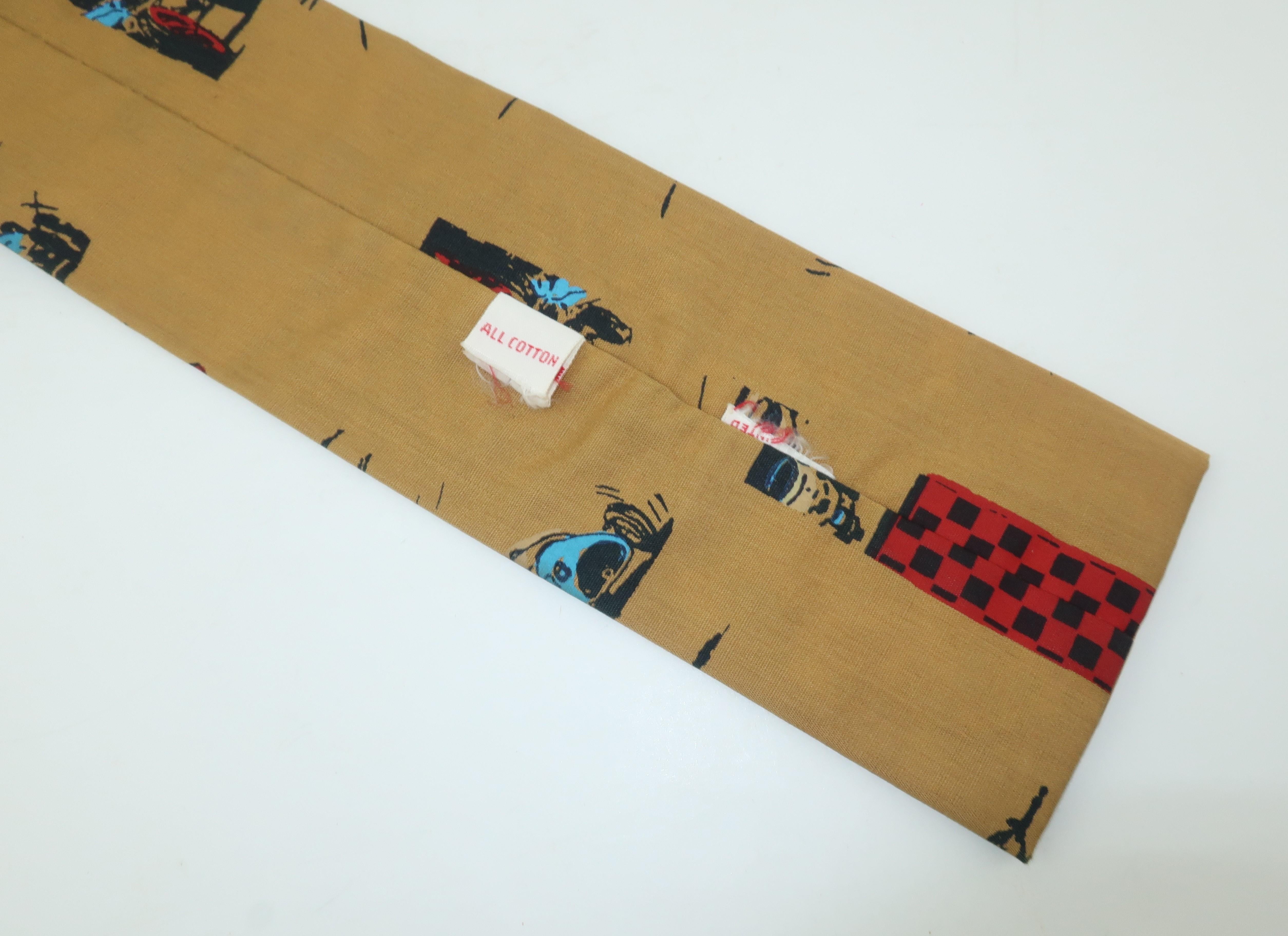 Brown Auto Racing Novelty Square Necktie by Rooster, 1960’s