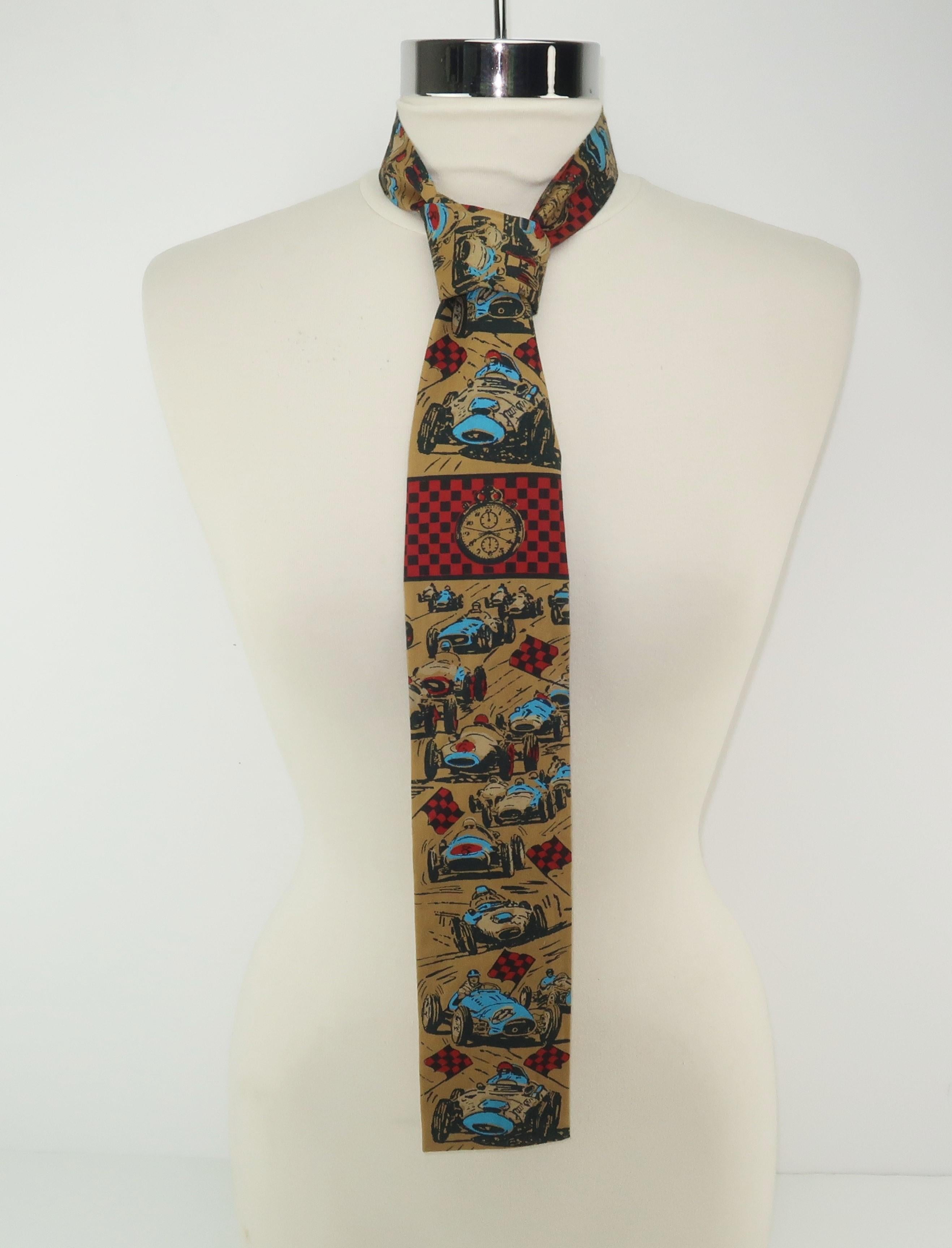 Auto Racing Novelty Square Necktie by Rooster, 1960’s In Good Condition In Atlanta, GA