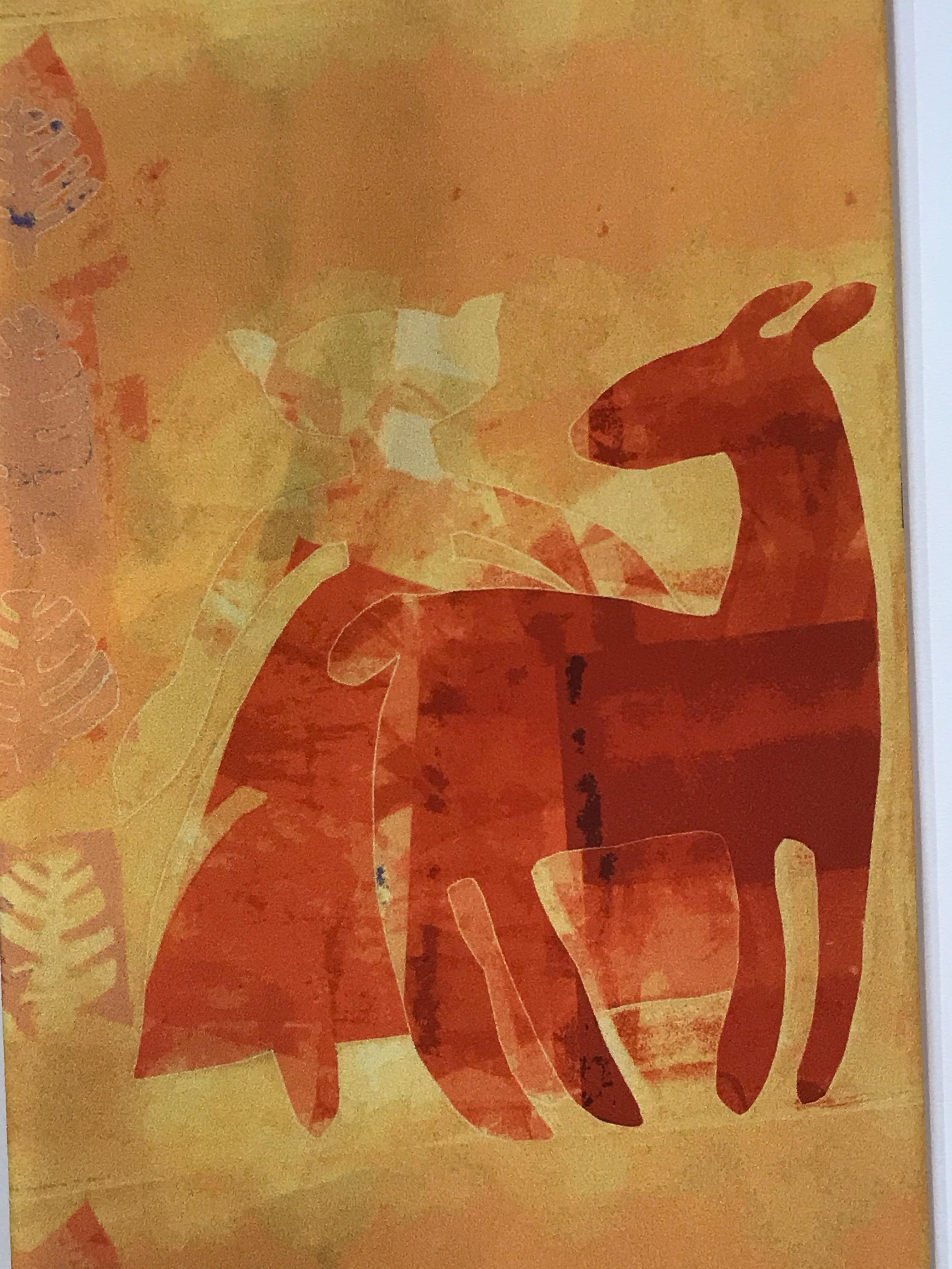 Réponse automatique à Automne, foulard, orange, jaune, or, cerf, chat, amérindien
poly crêpe de chine, double couche - les images apparaissent sur les deux côtés de l'écharpe
Melanie A. Yazzie (Navajo-Diné) est une artiste multimédia très réputée,