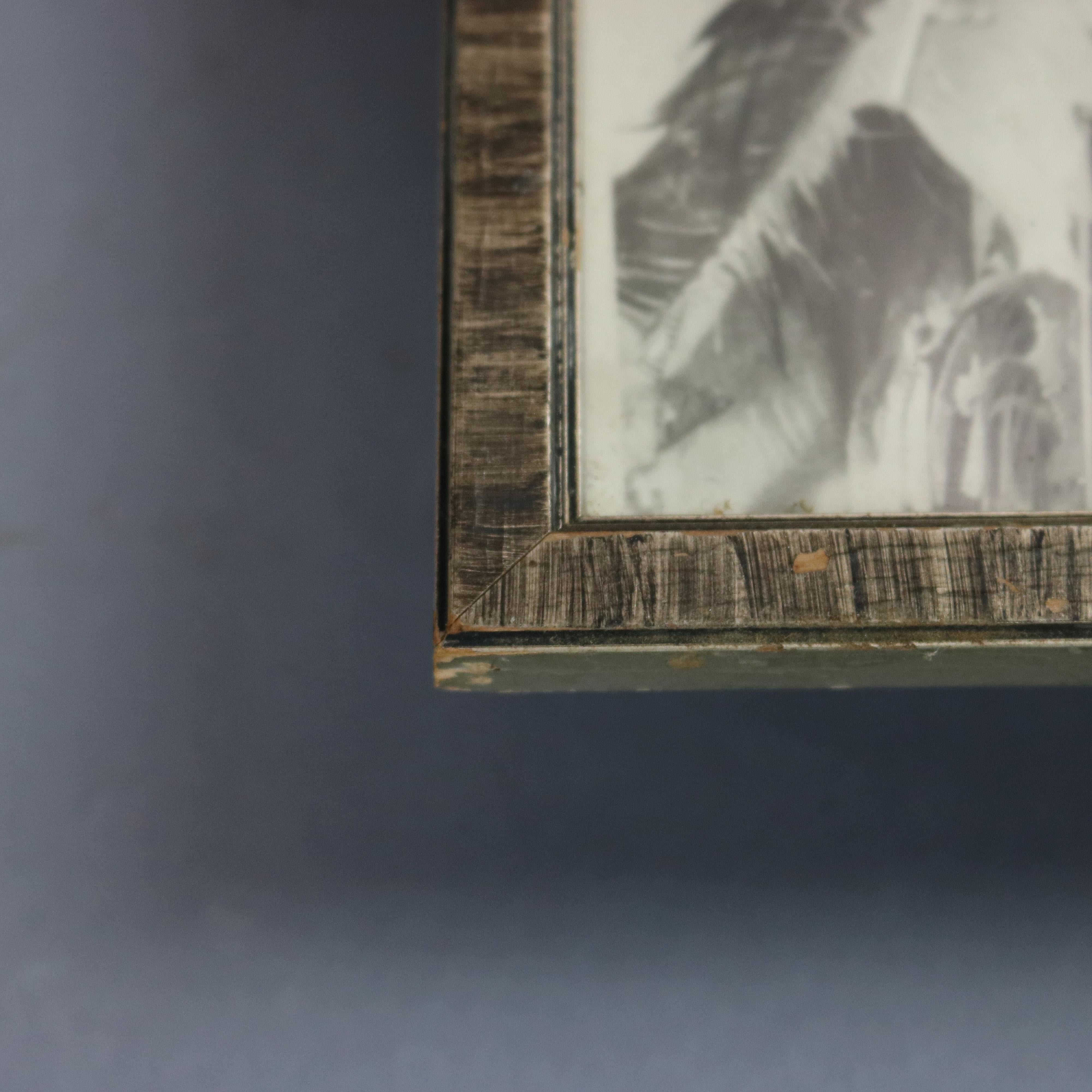 Carved Autographed Photo of Native American Hopi Indian Chief in Full Headdress