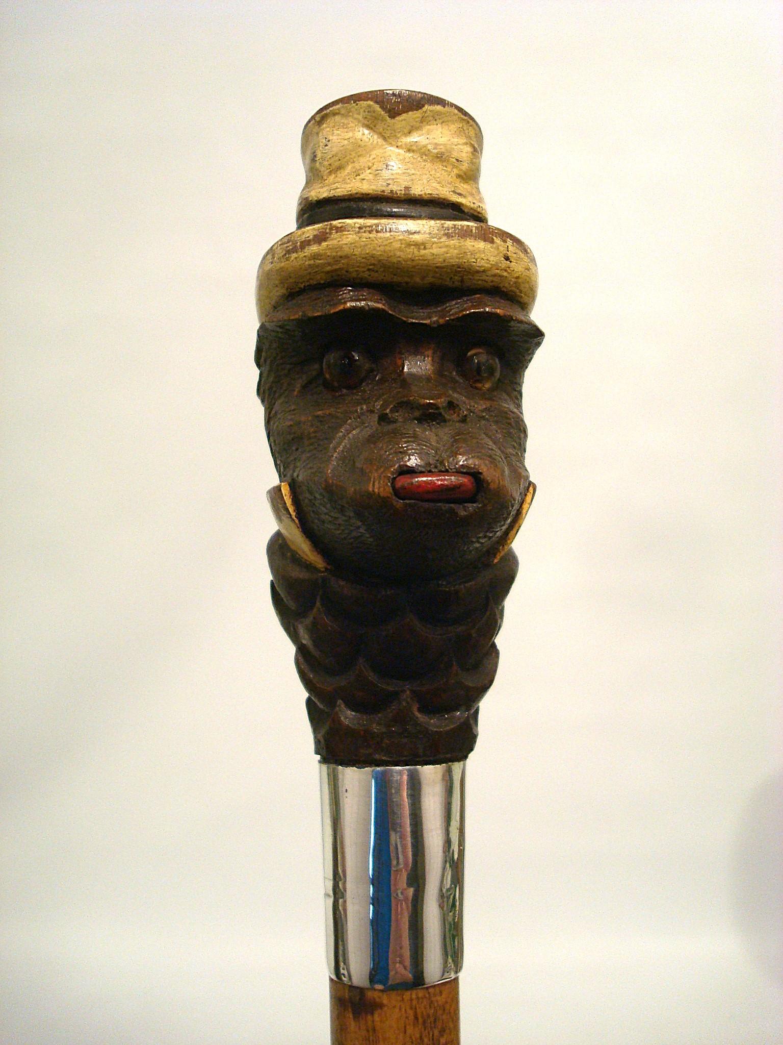 Late Victorian Automated Humorous Monkey Portrait Sculpture Walking Stick Cane For Sale