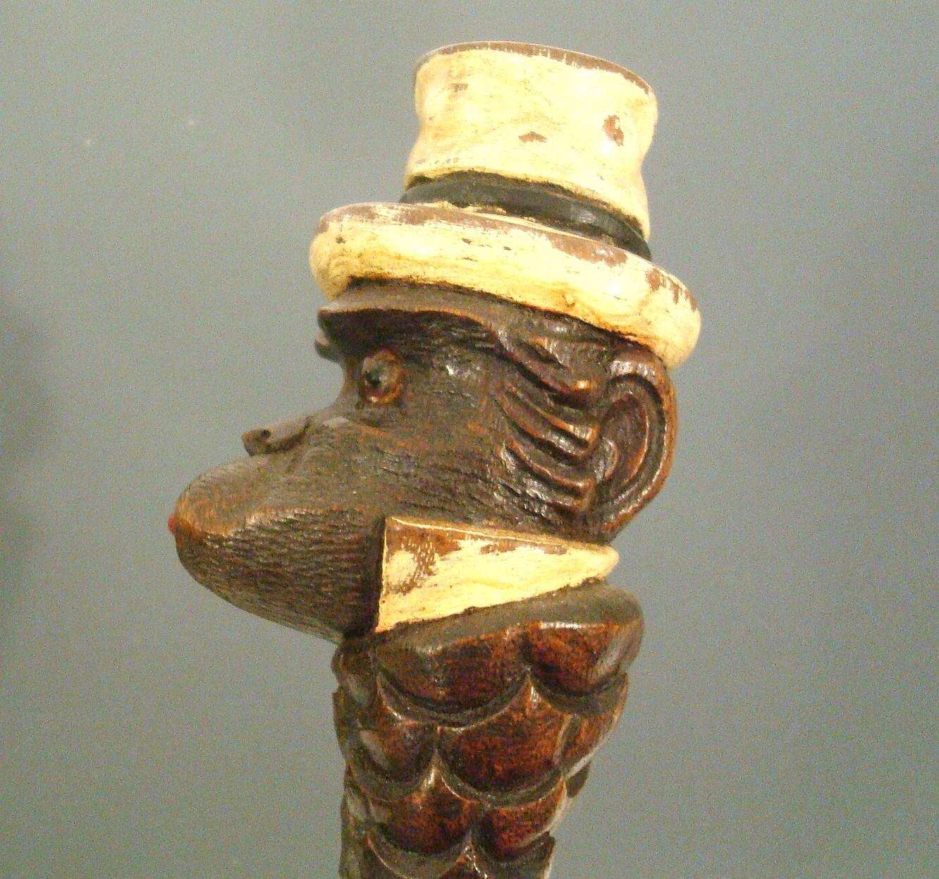 Hand-Carved Automated Humorous Monkey Portrait Sculpture Walking Stick Cane For Sale