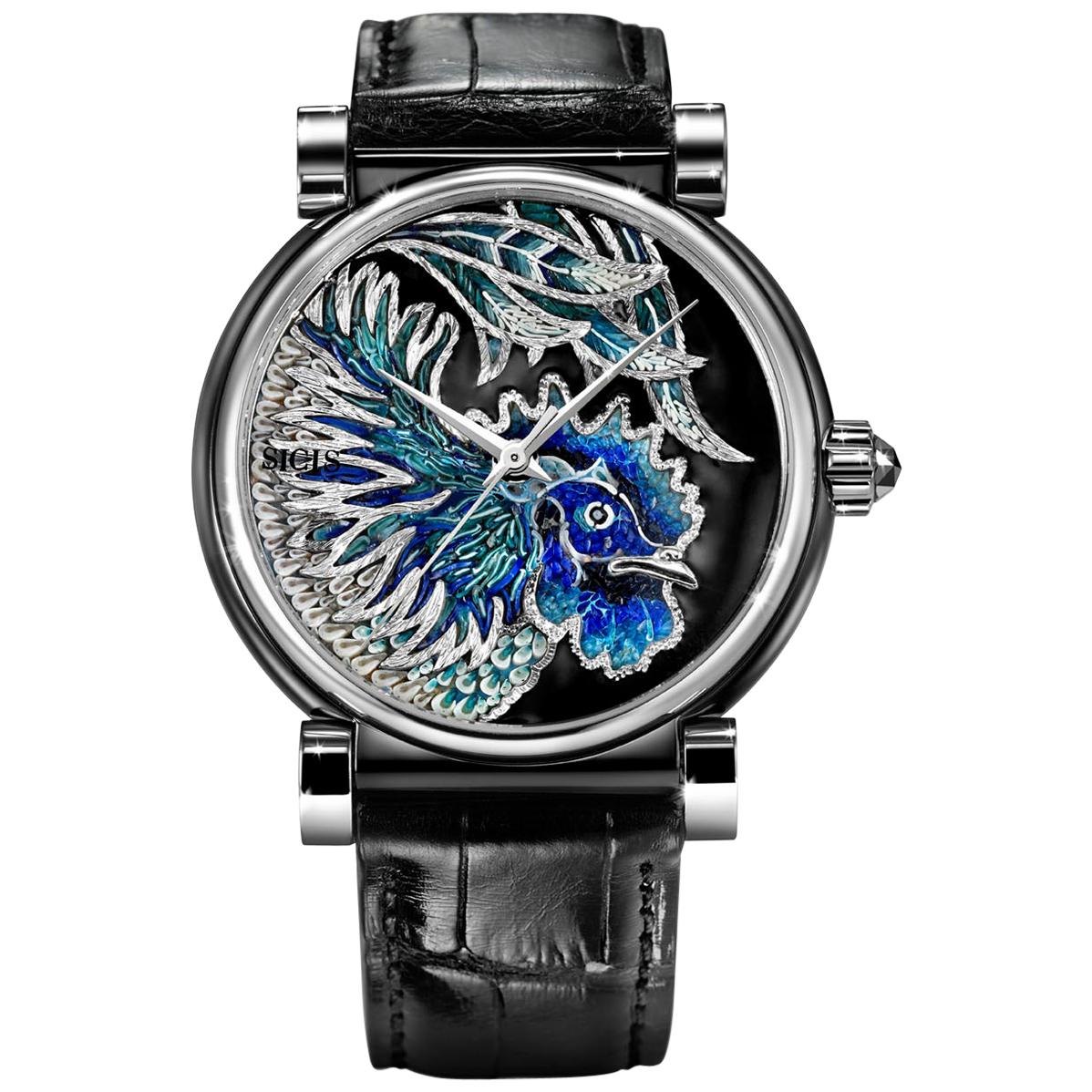 Automatic Watch White Gold Black Diamonds Alligator Strap Decorated MicroMosaic For Sale