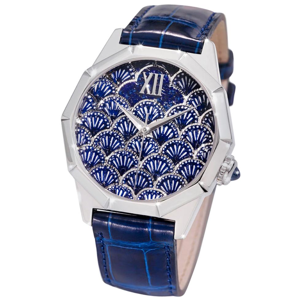 Automatic Watch White Gold Blue Sapphires Alligator Strap Decorated Micro Mosaic