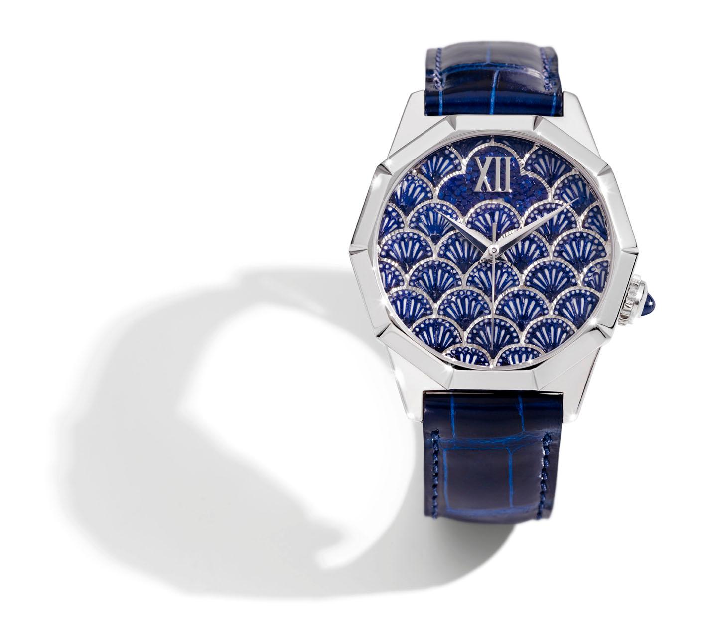 Modern Automatic Watch White Gold Blue Sapphires Alligator Strap Decorated Micro Mosaic For Sale