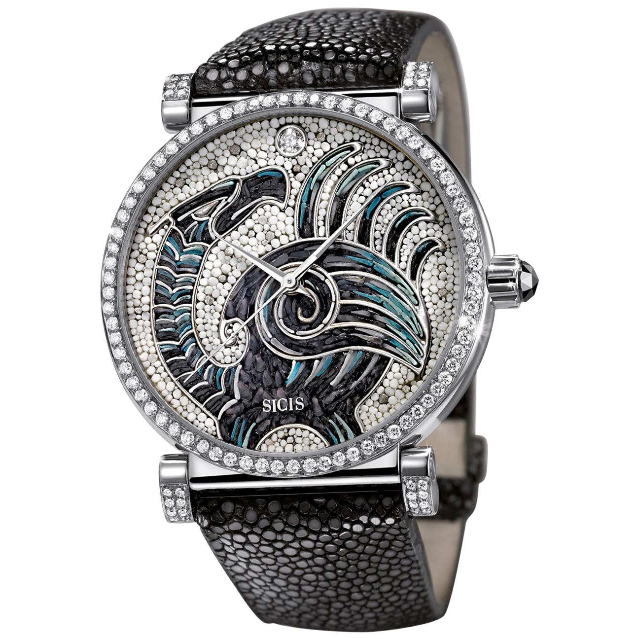 Automatic Watch White Gold White and Black Diamonds Galuchat Strap Micro Mosaic For Sale