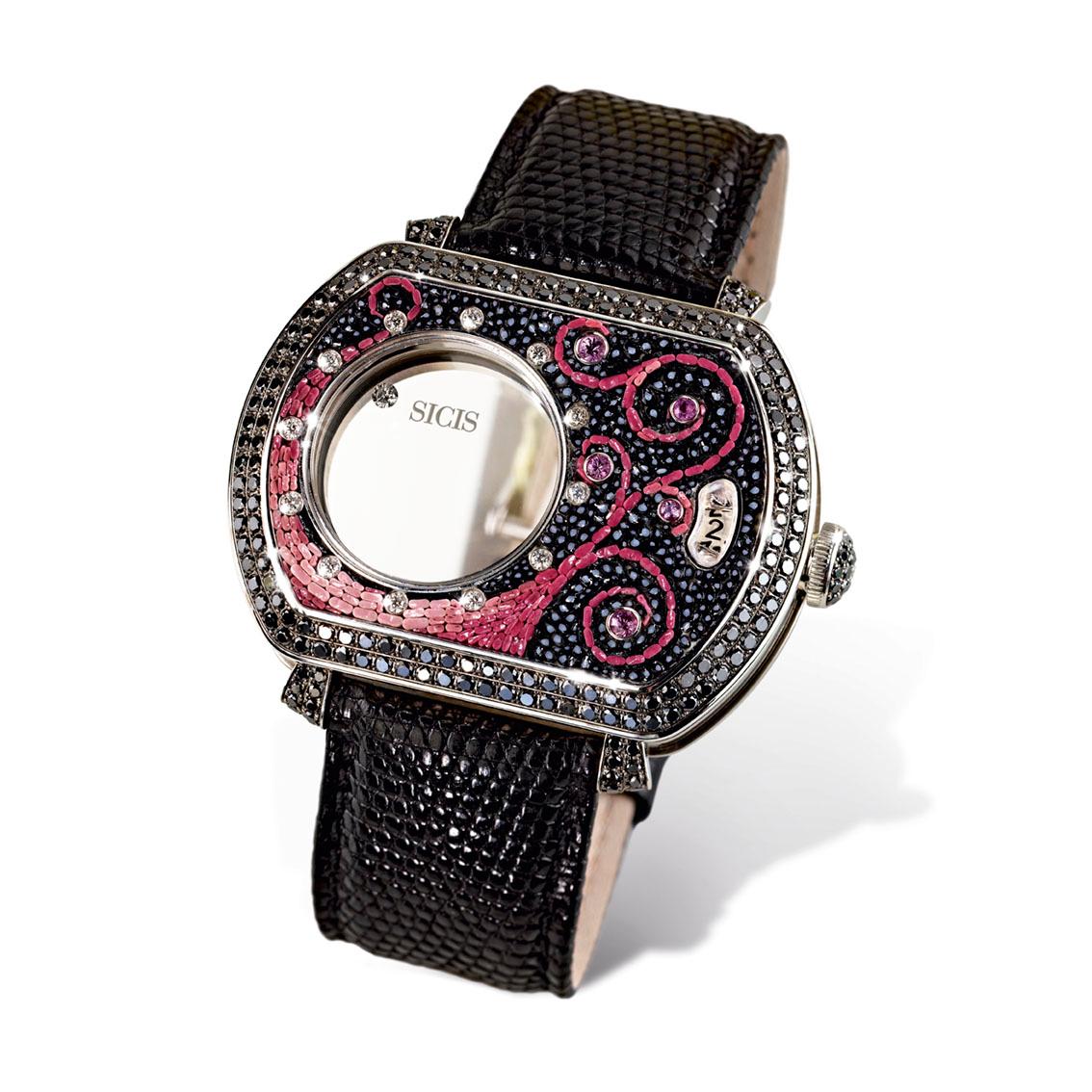Brilliant Cut Automatic Wristwatch White Gold White & Black Diamond Sapphire Micromosaic For Sale