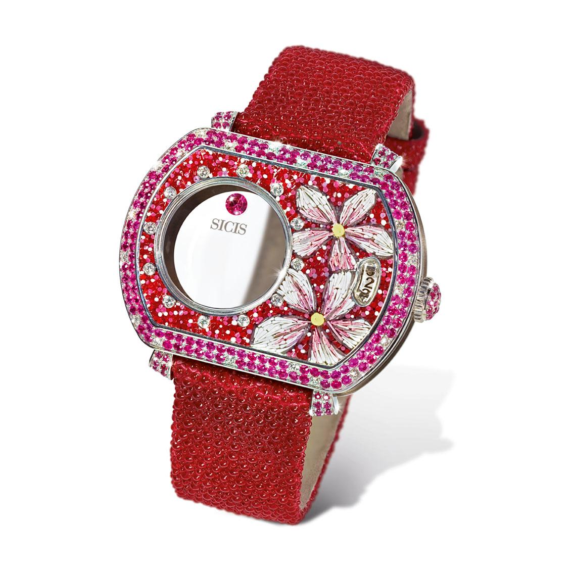 Brilliant Cut Automatic Wristwatch White Gold White Diamonds Ruby Hand Decorated Micromosaic For Sale