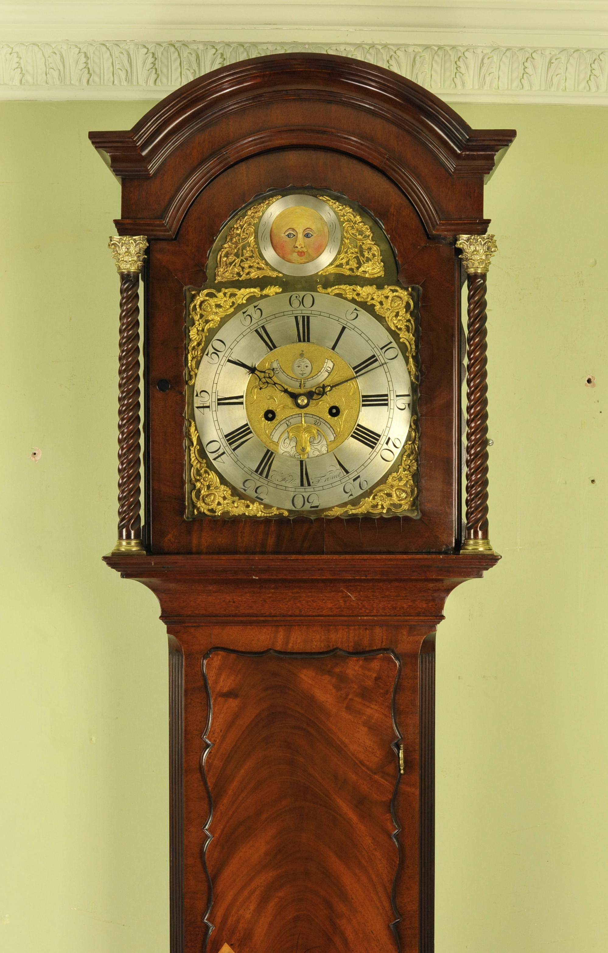 Offered for sale is a very rare automaton rocking eyes longcase with moon phase by Caleb Pitt of Frome, Somerset which dates, circa 1780. The pitt dynasty of clockmakers including Edward and Thomas worked in Frome from the middle of the 18th to