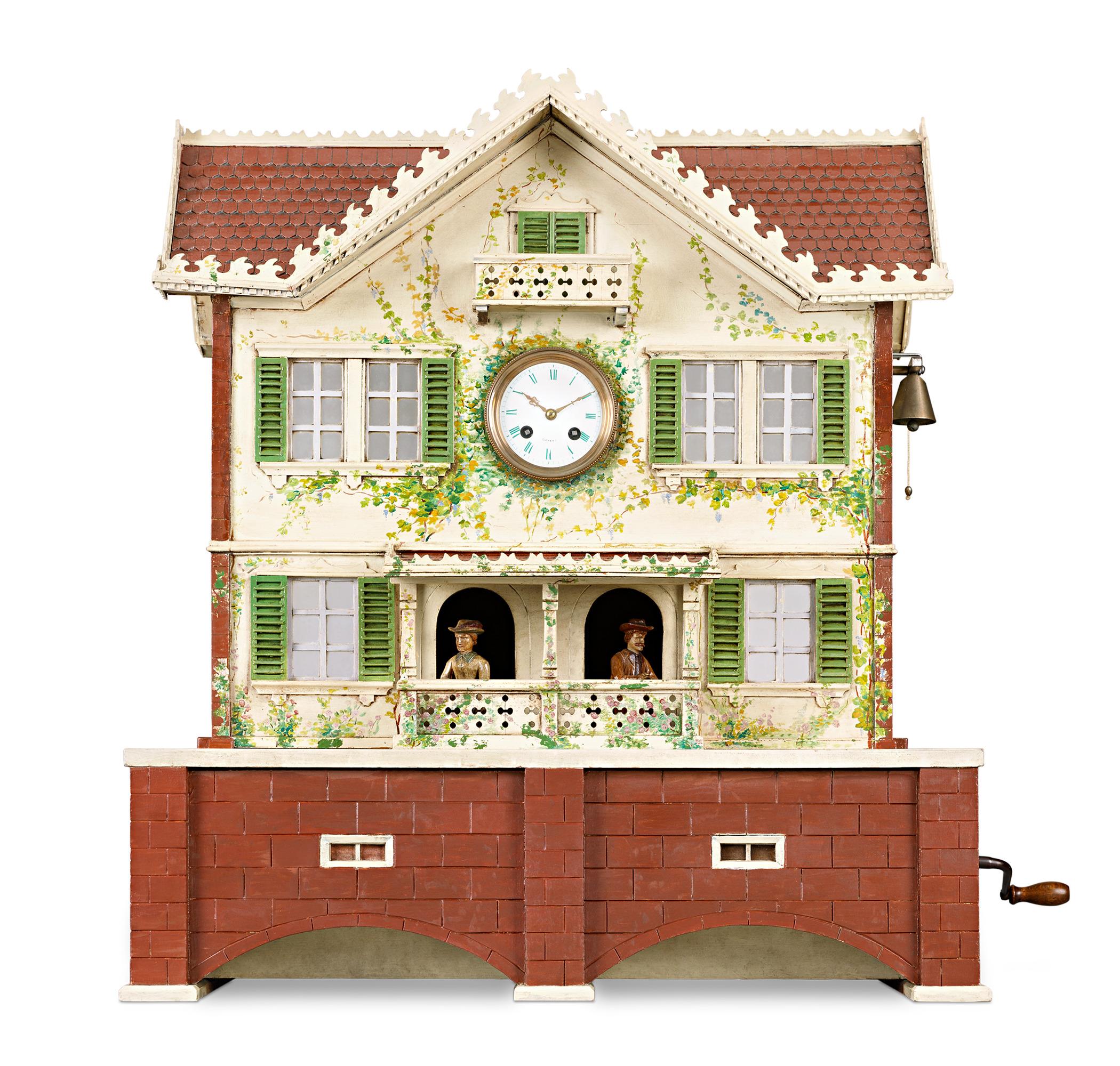 This artful and unique automaton clock and music box house proudly bears the signature of Geneva, a hallmark of unparalleled horological excellence. For generations, Geneva has seamlessly merged traditional craftsmanship with cutting-edge