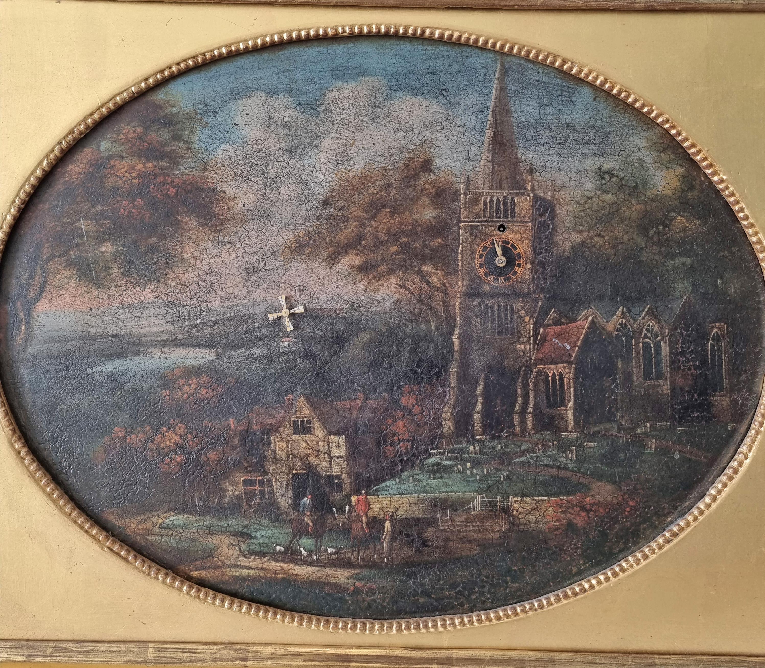 This superb work of art combines the beauty of a painting with the mechanical complicities of an automaton and clock. Depicting a rural scene, the clock is integrated into the church, sitting within the giltwood and gesso frame. Also within the