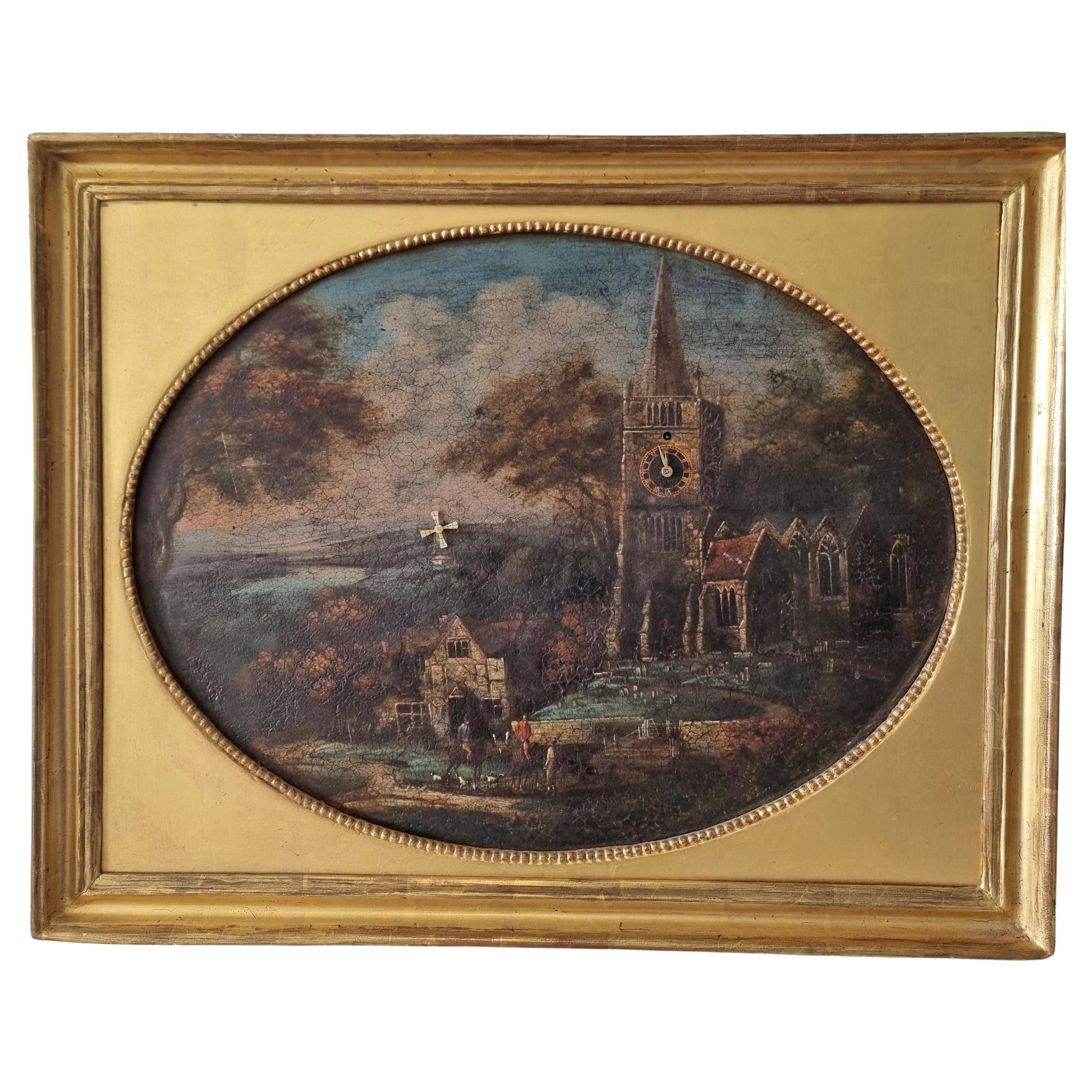 Automaton Picture clock in square frame with oval aperture and windmill For Sale