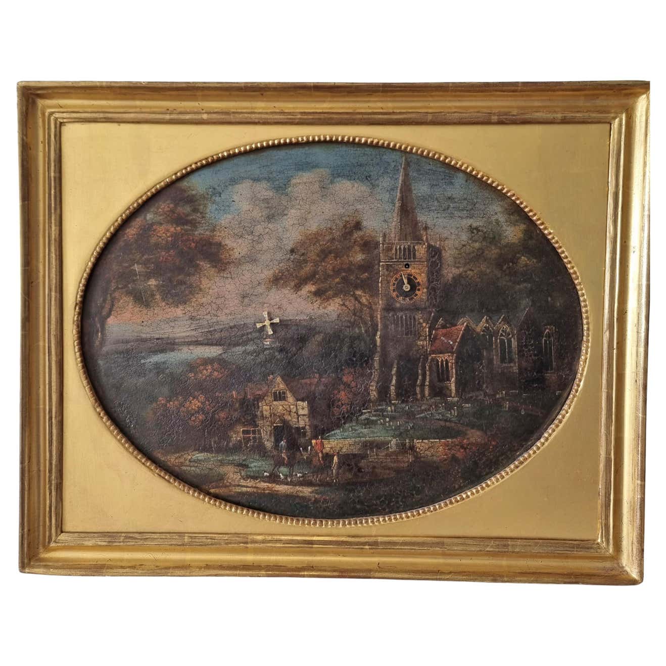 Automaton Picture clock in square frame with oval aperture and windmill ...