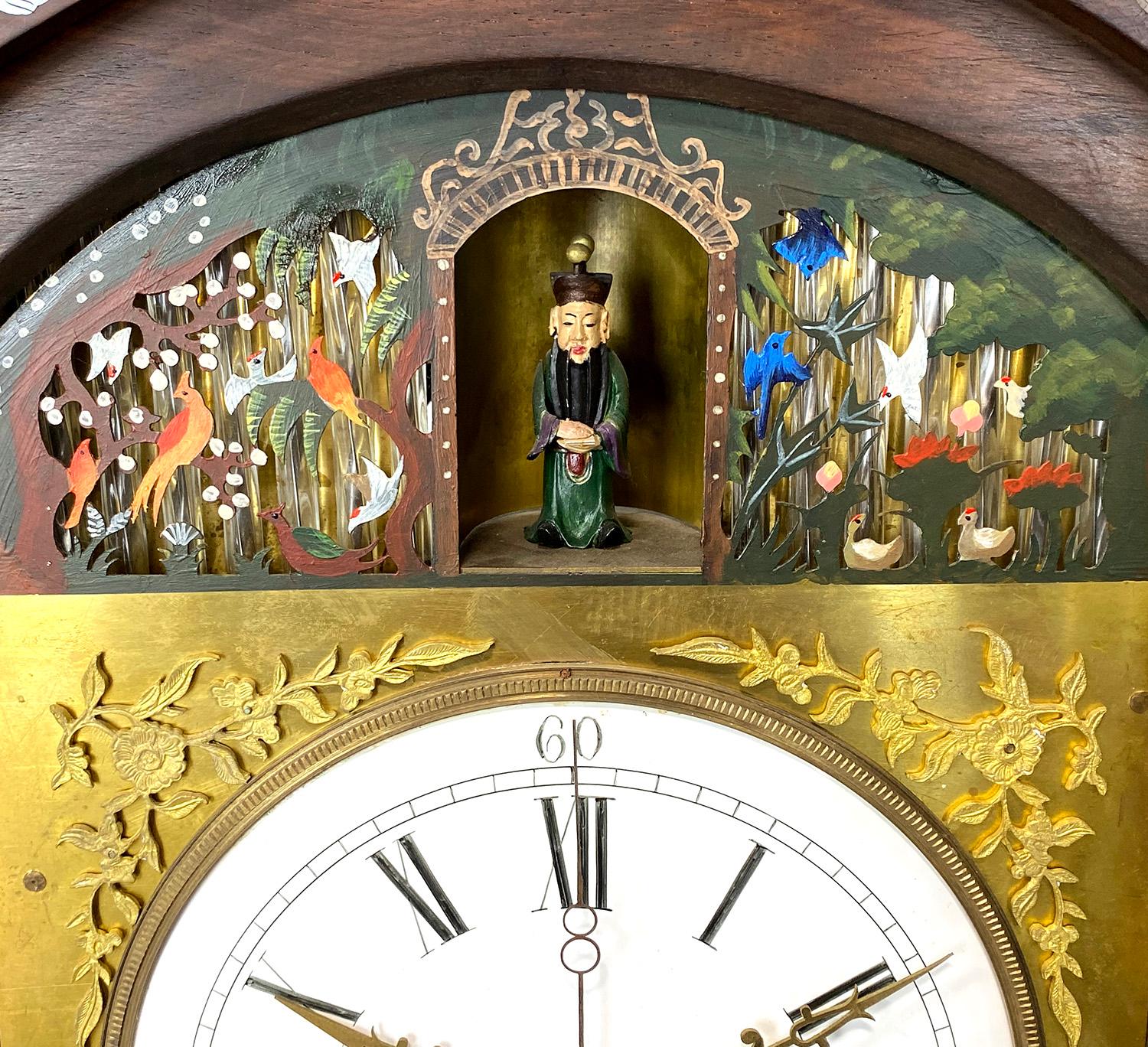 Automaton Waterfall & Figure Mother of Pearl Inlaid Musical Canton Bracket Clock In Good Condition For Sale In Danville, CA