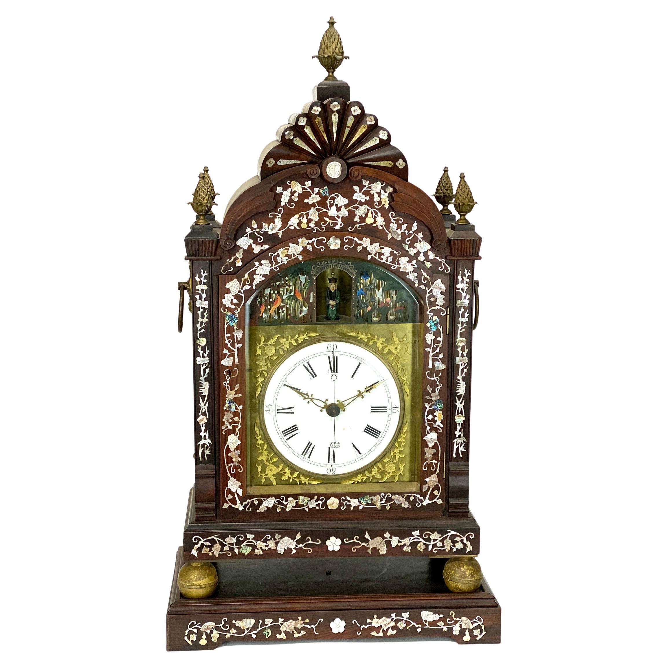 Automaton Waterfall & Figure Mother of Pearl Inlaid Musical Canton Bracket Clock For Sale