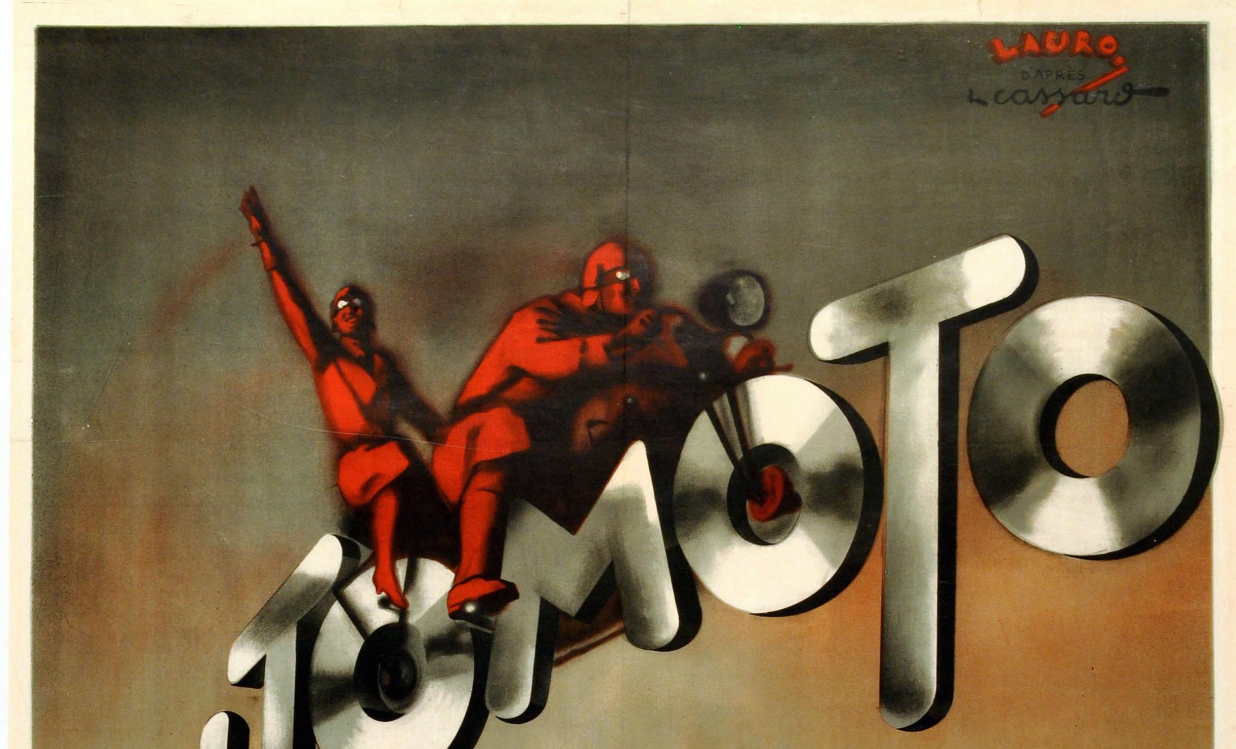 Original vintage poster for Automoto Motos, a French manufacturer of bicycles and motorcycles (1898-1962). Great Art Deco design featuring two motorcyclists on a bike, the wheels formed from the letters O in the text, with the Automoto brand's