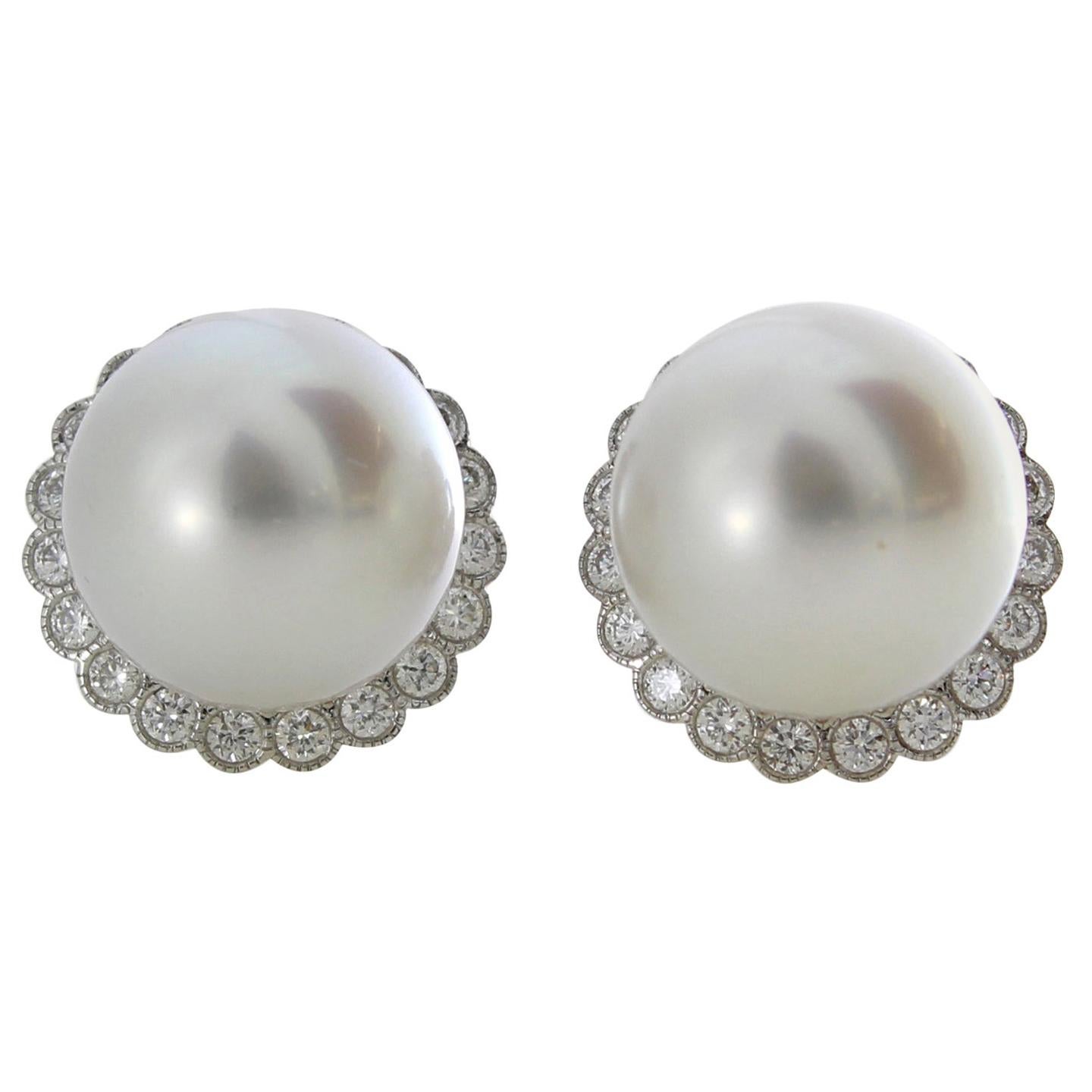 Autore 18 Karat Gold Diamond South Sea Pearl Earrings For Sale