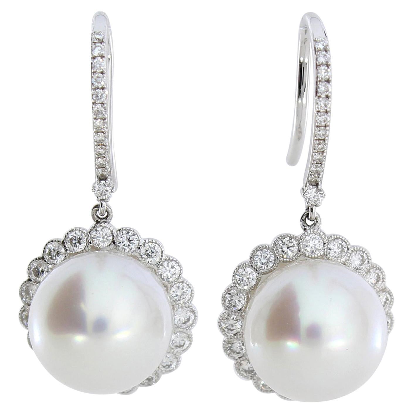 Autore 18 Karat Gold Diamond South Sea Pearl Hook Earrings