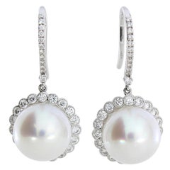 Autore 18 Karat Gold Diamond South Sea Pearl Hook Earrings