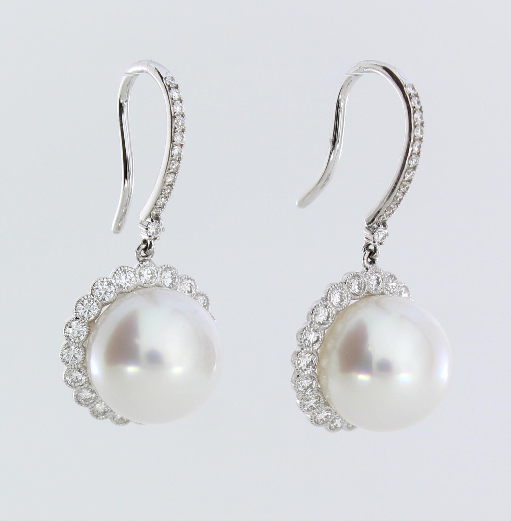 Contemporary Autore 18 Karat Gold Diamond South Sea Pearl Hook Earrings