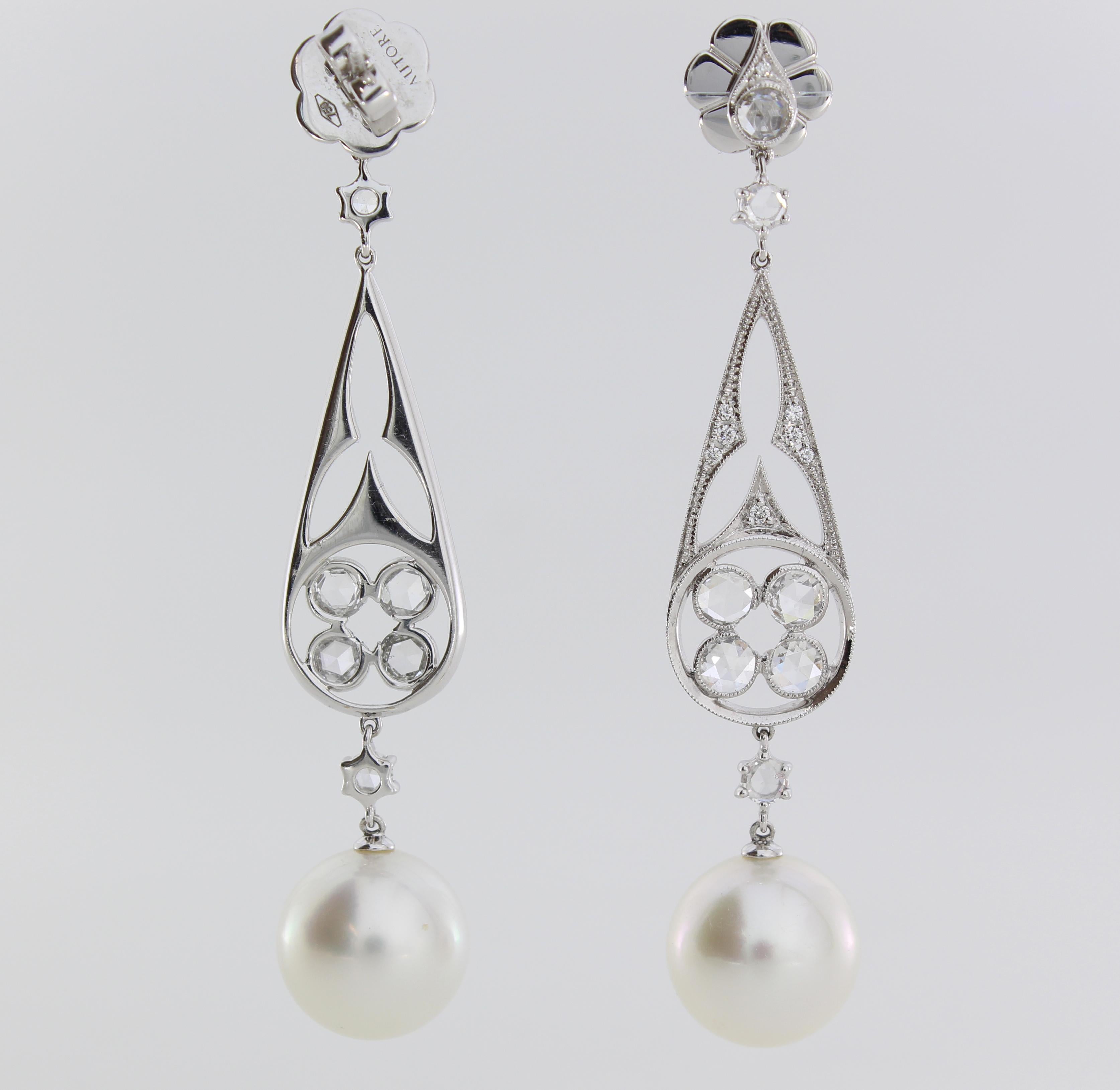 Art Deco Autore 18 Karat Gold White Diamond and South Sea Pearl Earrings For Sale