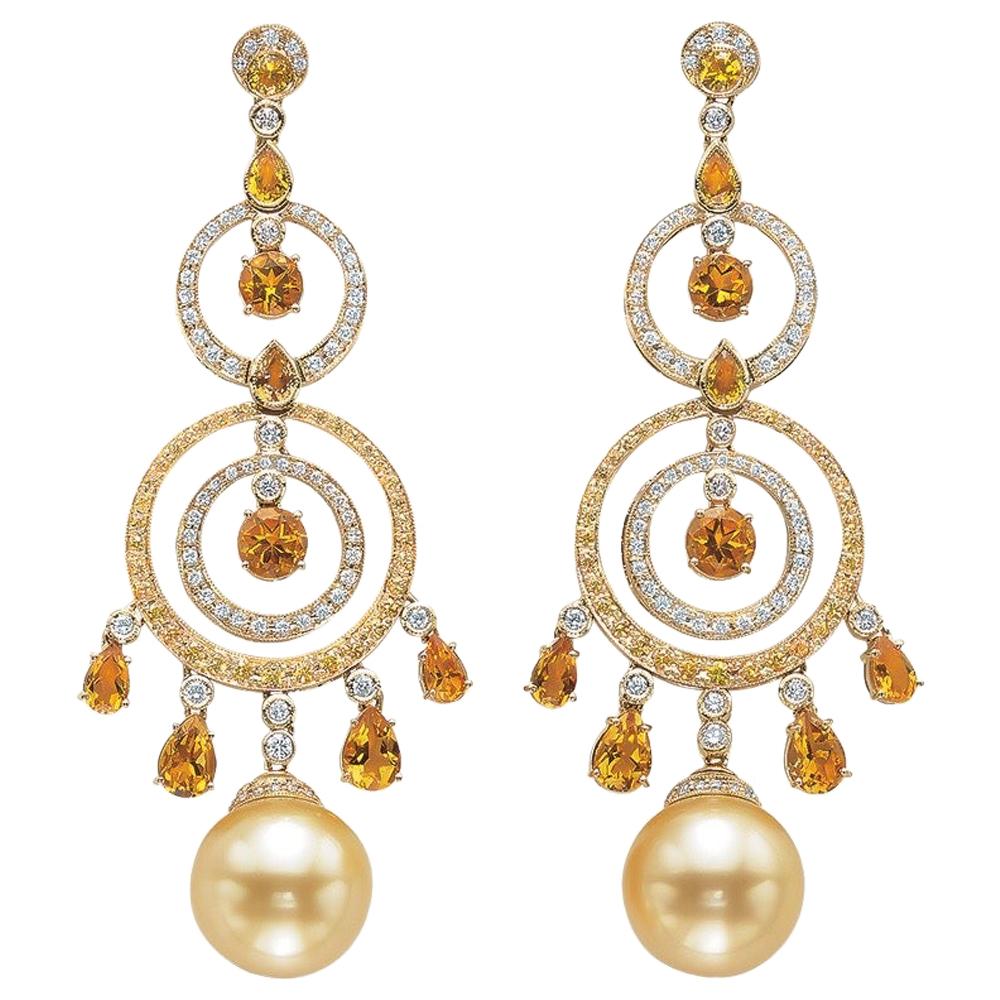 Autore 18Kt YG Boucles d'oreilles en perles dorées des mers du Sud, saphirs, citrines et diamants
