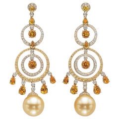 Autore 18Kt YG South Sea Golden Pearls, Sapphire, Citrine and Diamond Earrings