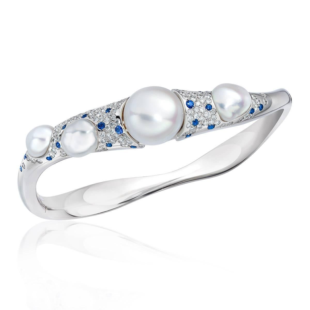 Contemporary Autore Baroque Pearl and 1.47 Carat Diamond and Sapphire Bangle For Sale