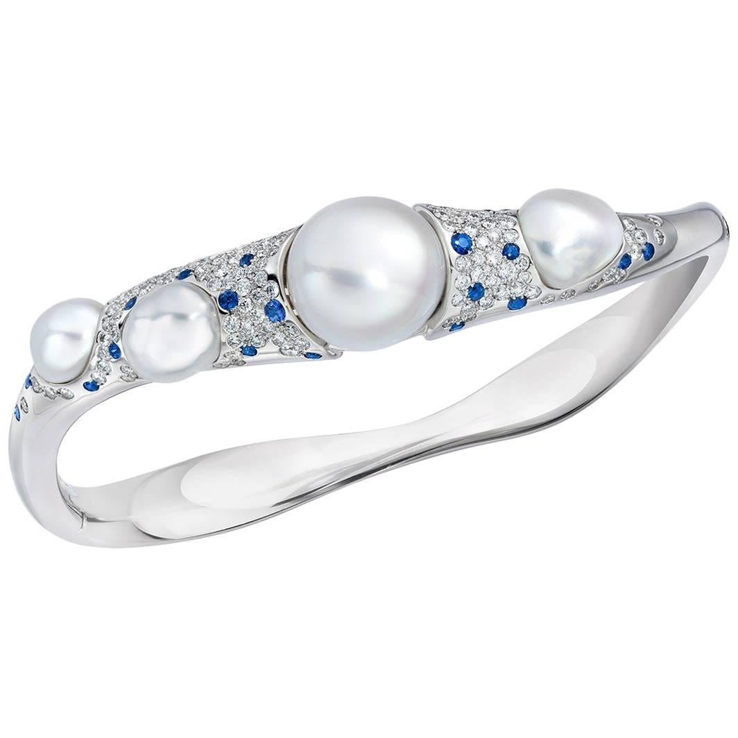 Autore Baroque Pearl and 1.47 Carat Diamond and Sapphire Bangle For Sale