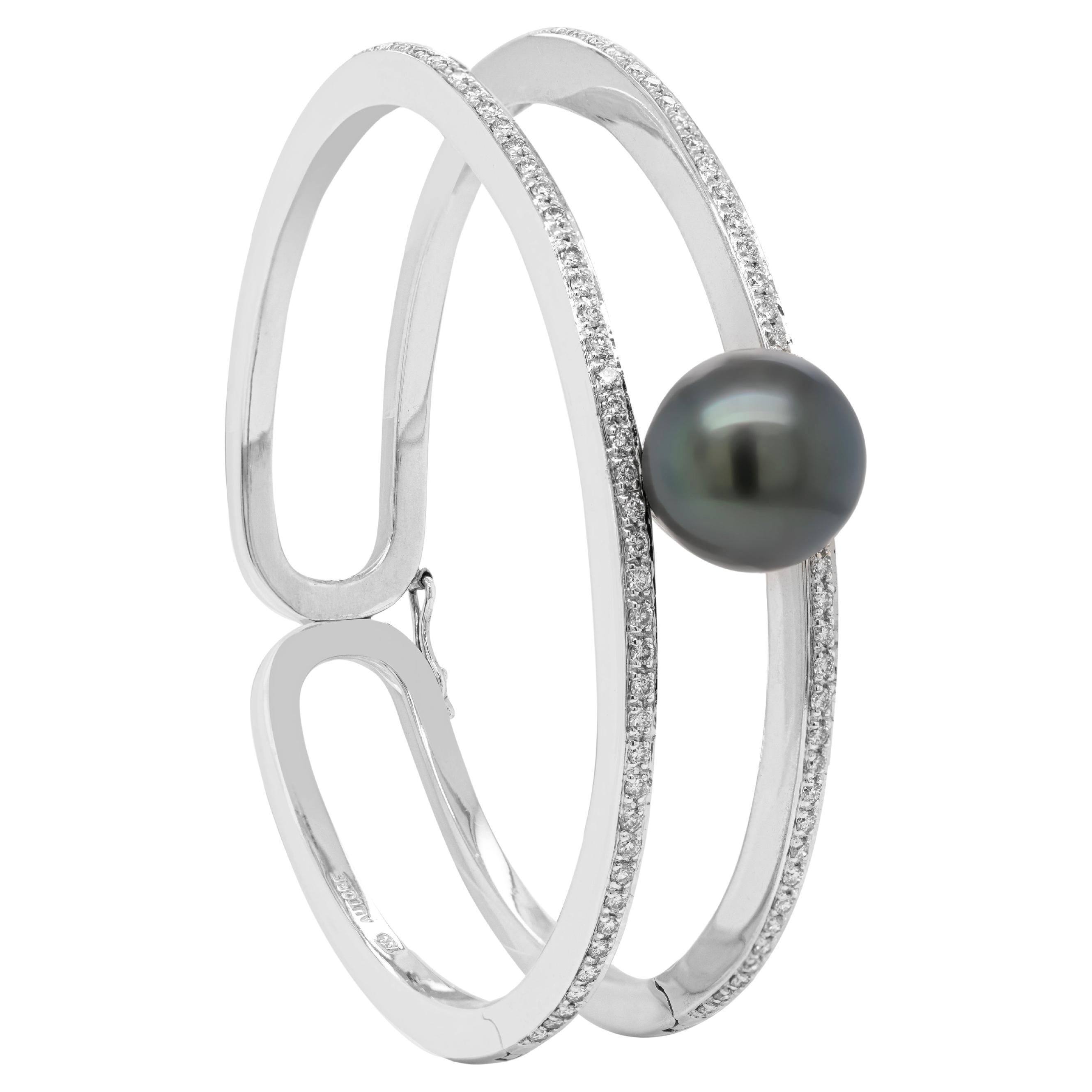 Autore Black South Sea Pearl and Diamond 18 Carat White Gold Two-Row Bangle For Sale