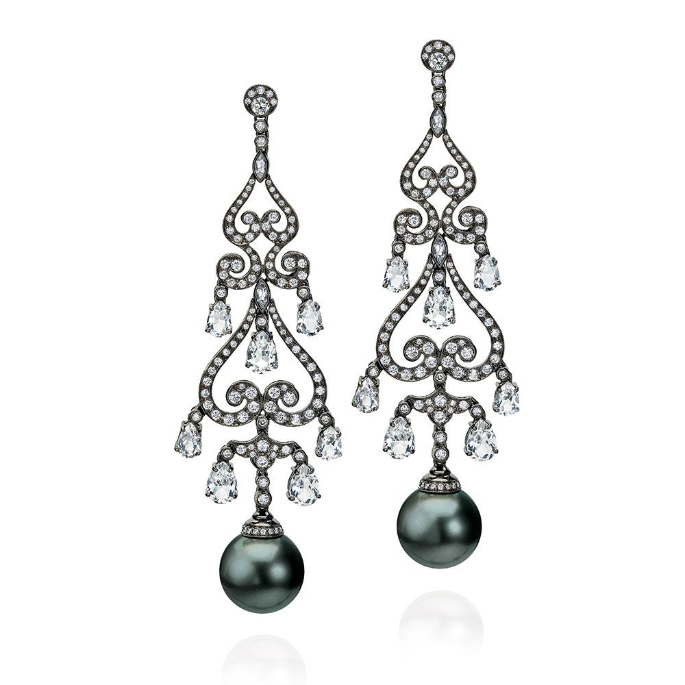 Contemporary Autore Black Tahitian Pearl Chandelier Earrings with Diamonds and White Topaz For Sale