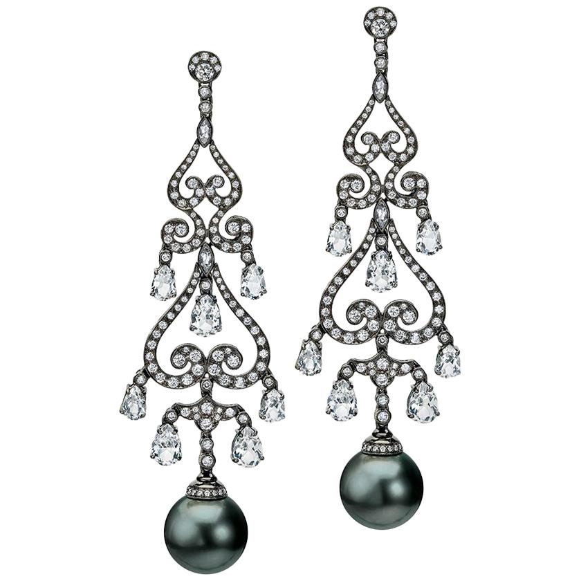 Autore Black Tahitian Pearl Chandelier Earrings with Diamonds and White Topaz