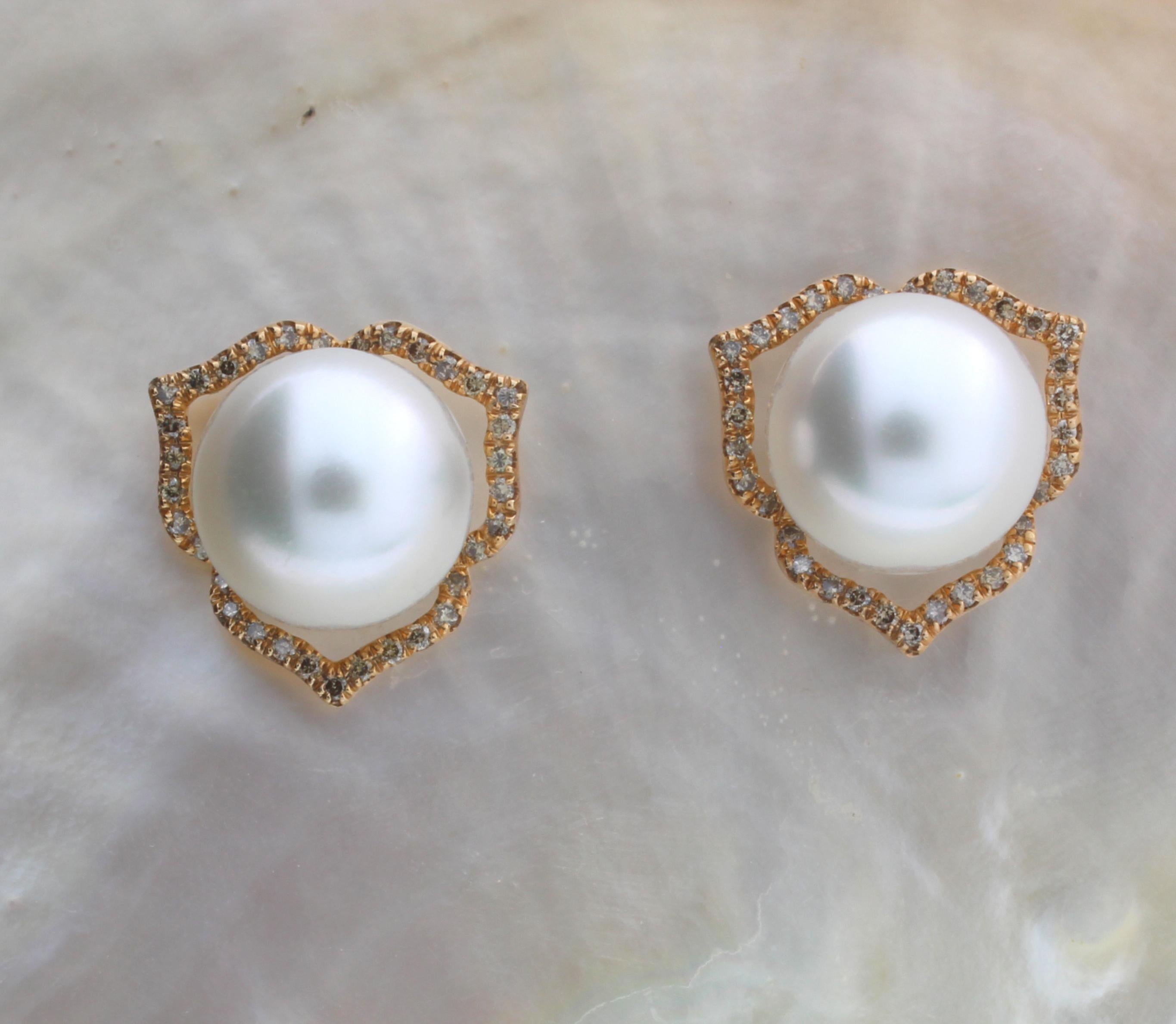 Autore Brown Diamond White South Sea Pearl Stud Earrings In New Condition In Sydney, AU